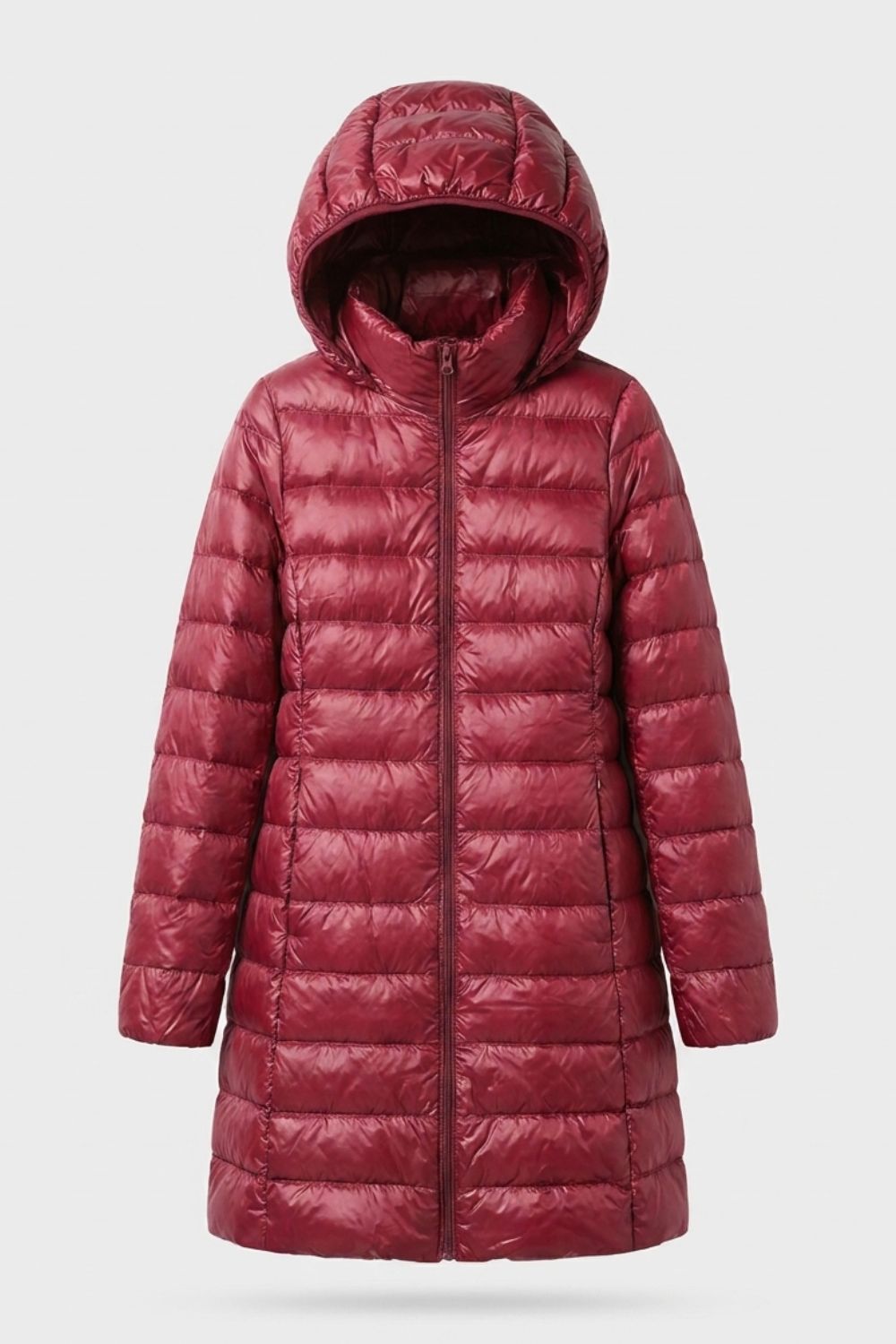 Damen Langer Steppmantel | Mit Kapuze — Red