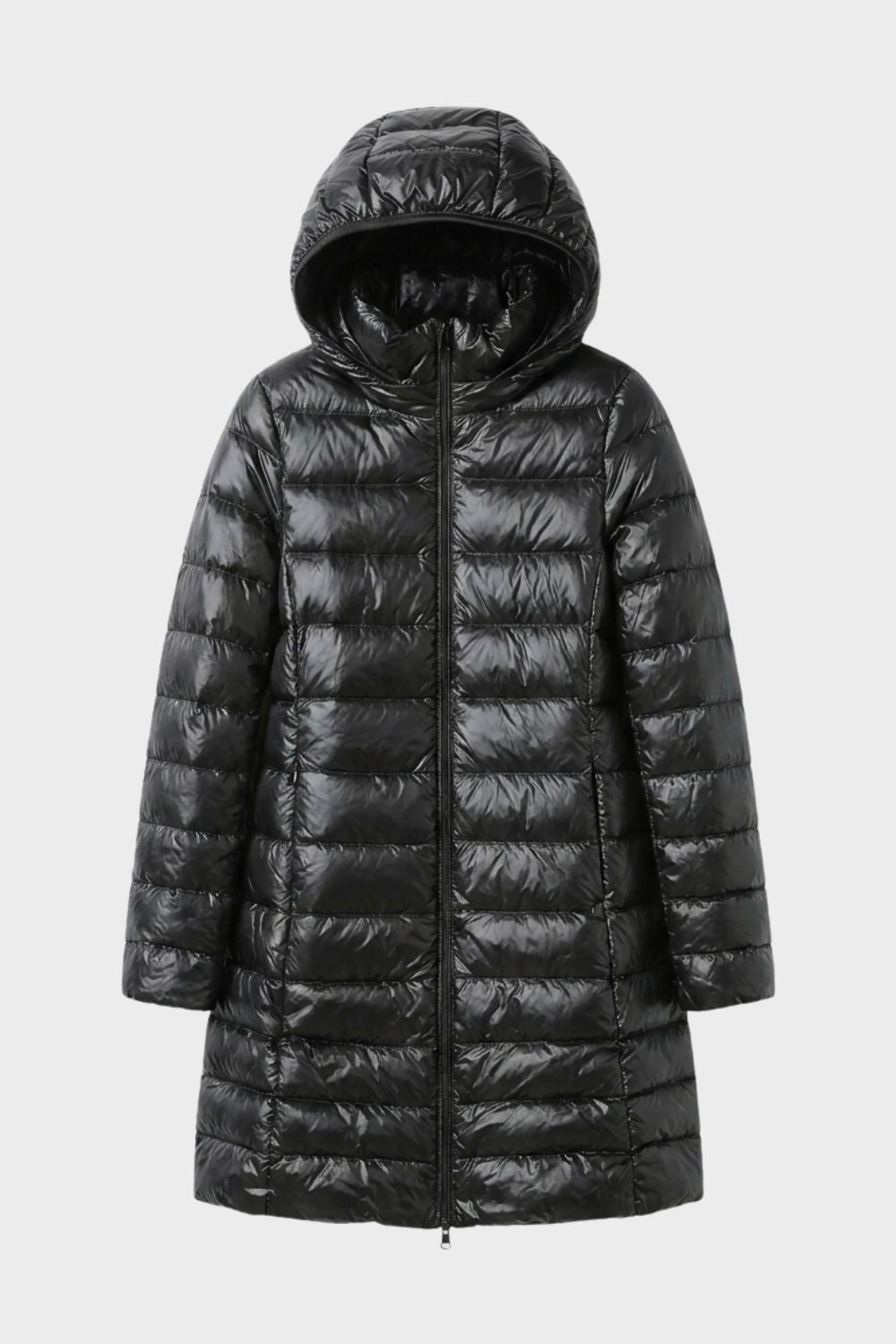 Damen Langer Steppmantel | Mit Kapuze — Black