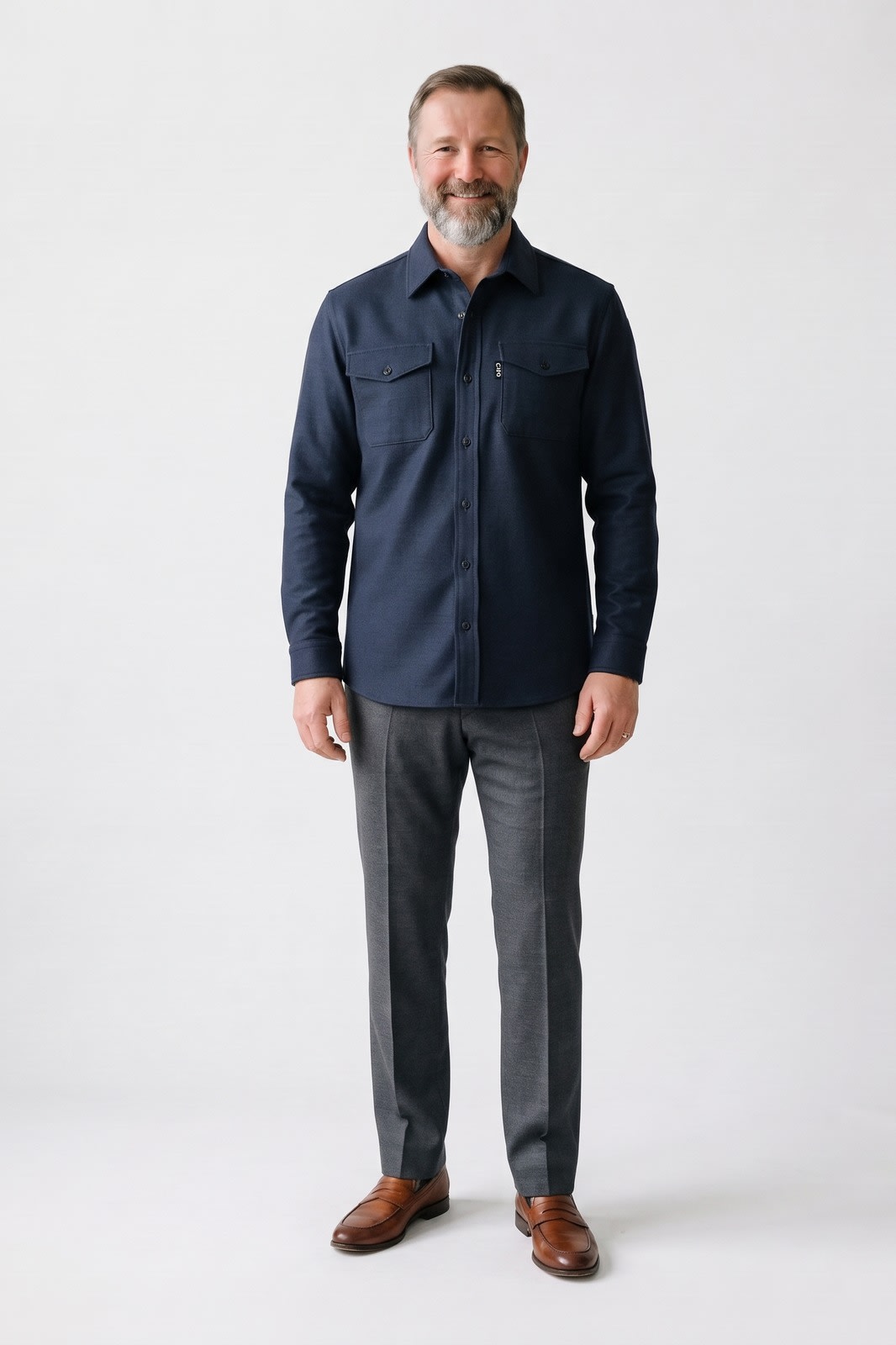 Herren Hemdjacke Overshirt | Reverskragen — Blau — Vorderansicht — am Modell