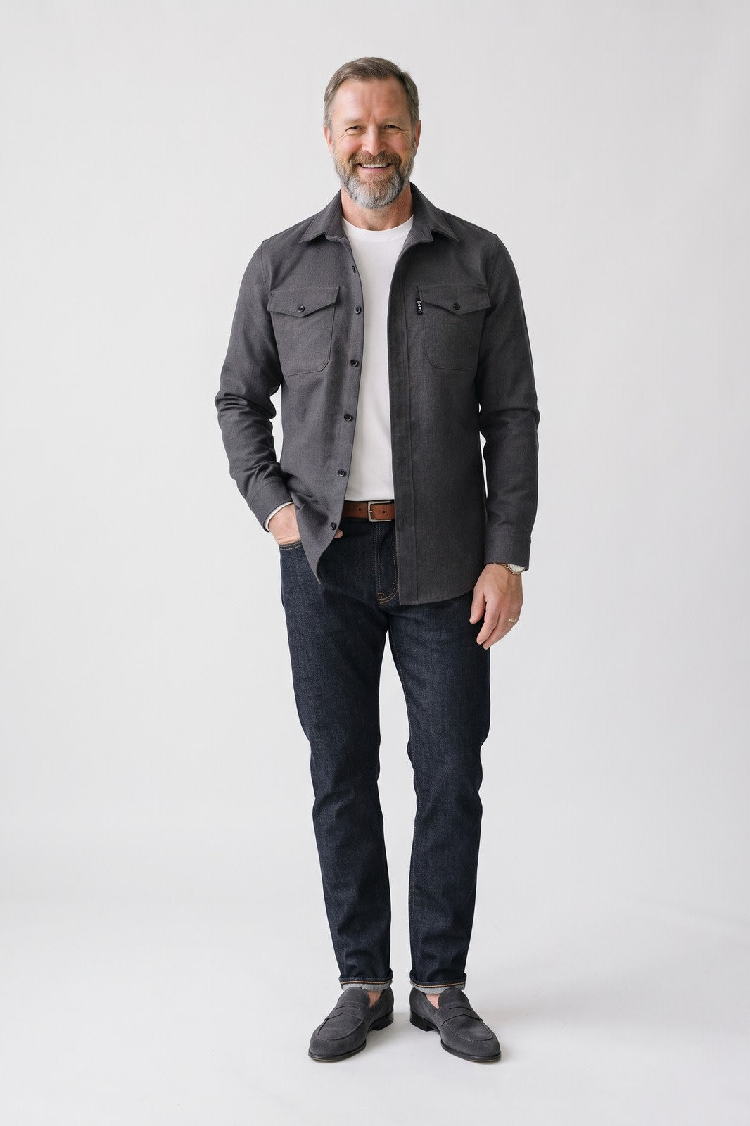 Herren Hemdjacke Overshirt | Reverskragen — Dunkelgrau — Vorderansicht — am Modell