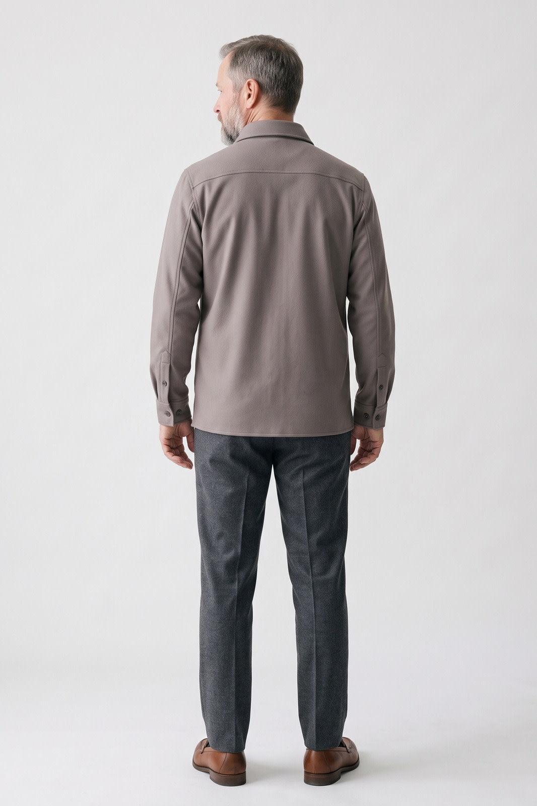 Herren Hemdjacke Overshirt | Reverskragen — Grau — Rückansicht — am Modell