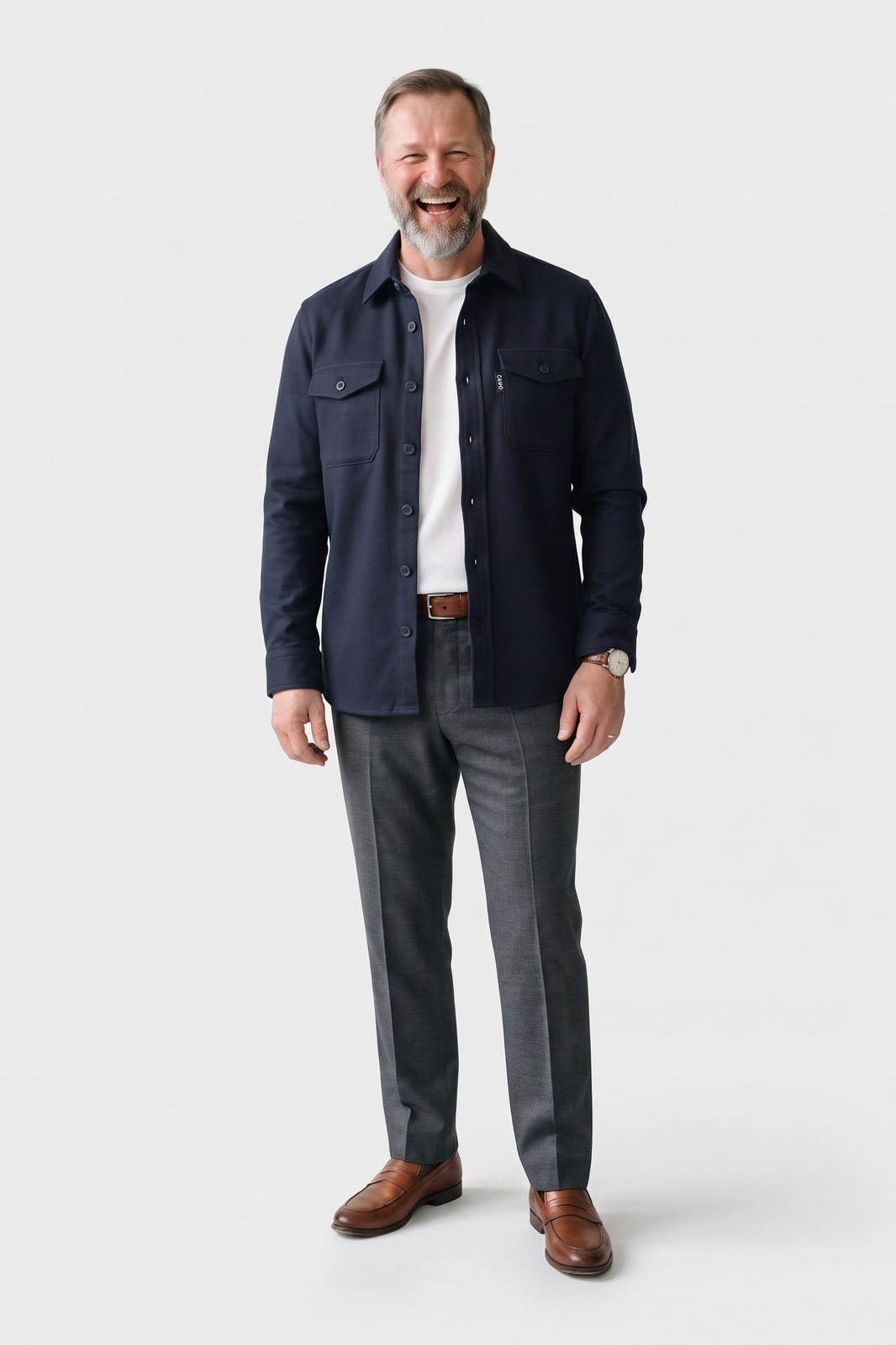 Herren Hemdjacke Overshirt | Reverskragen — Schwarz — Vorderansicht — am Modell