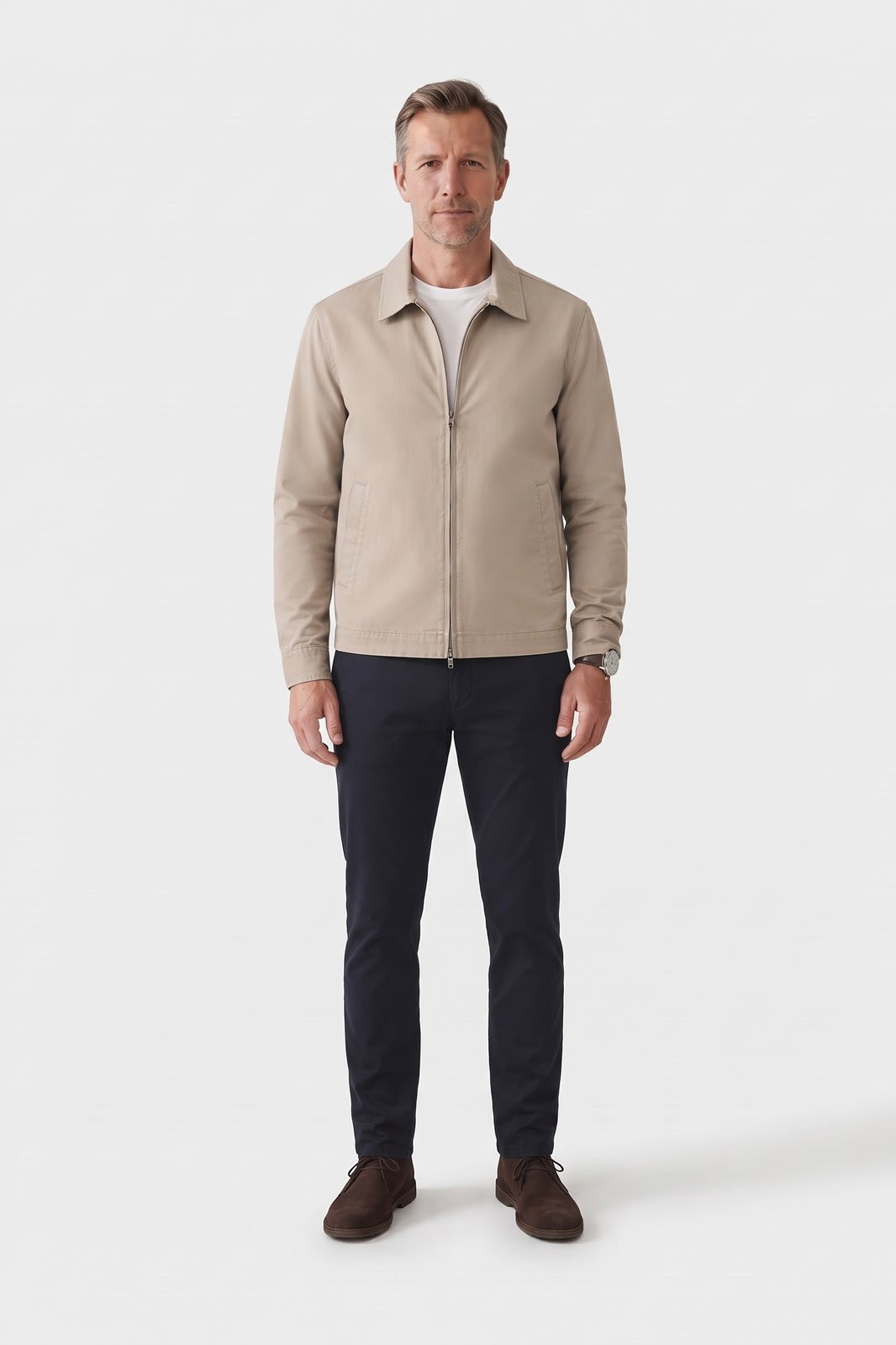 Herren Slim Übergangsjacke | Smart Casual — Beige — Vorderansicht — am Modell