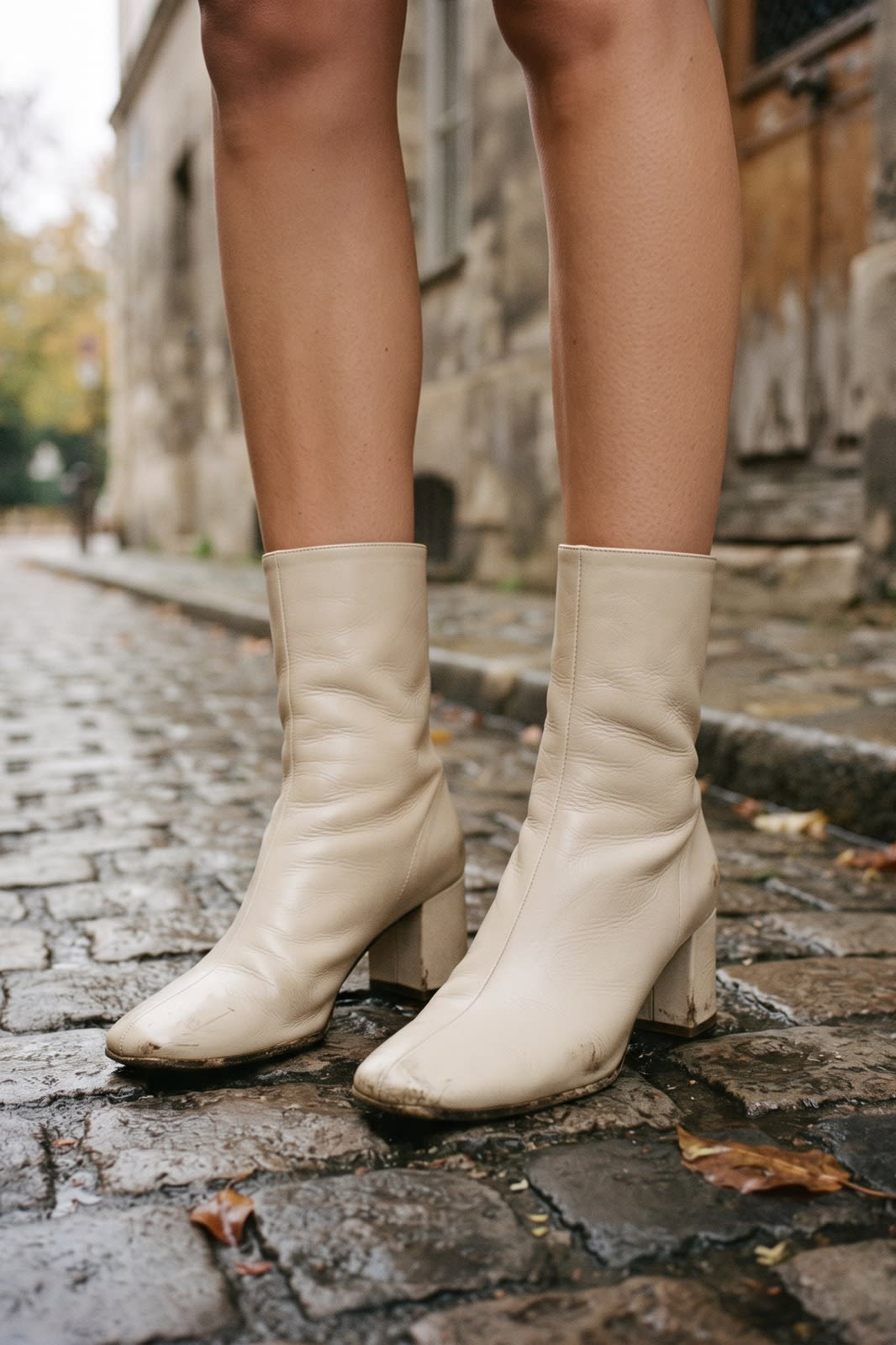 Damen Glänzende Stiefelette | Blockabsatz — Beige — shoe_worn — am Modell