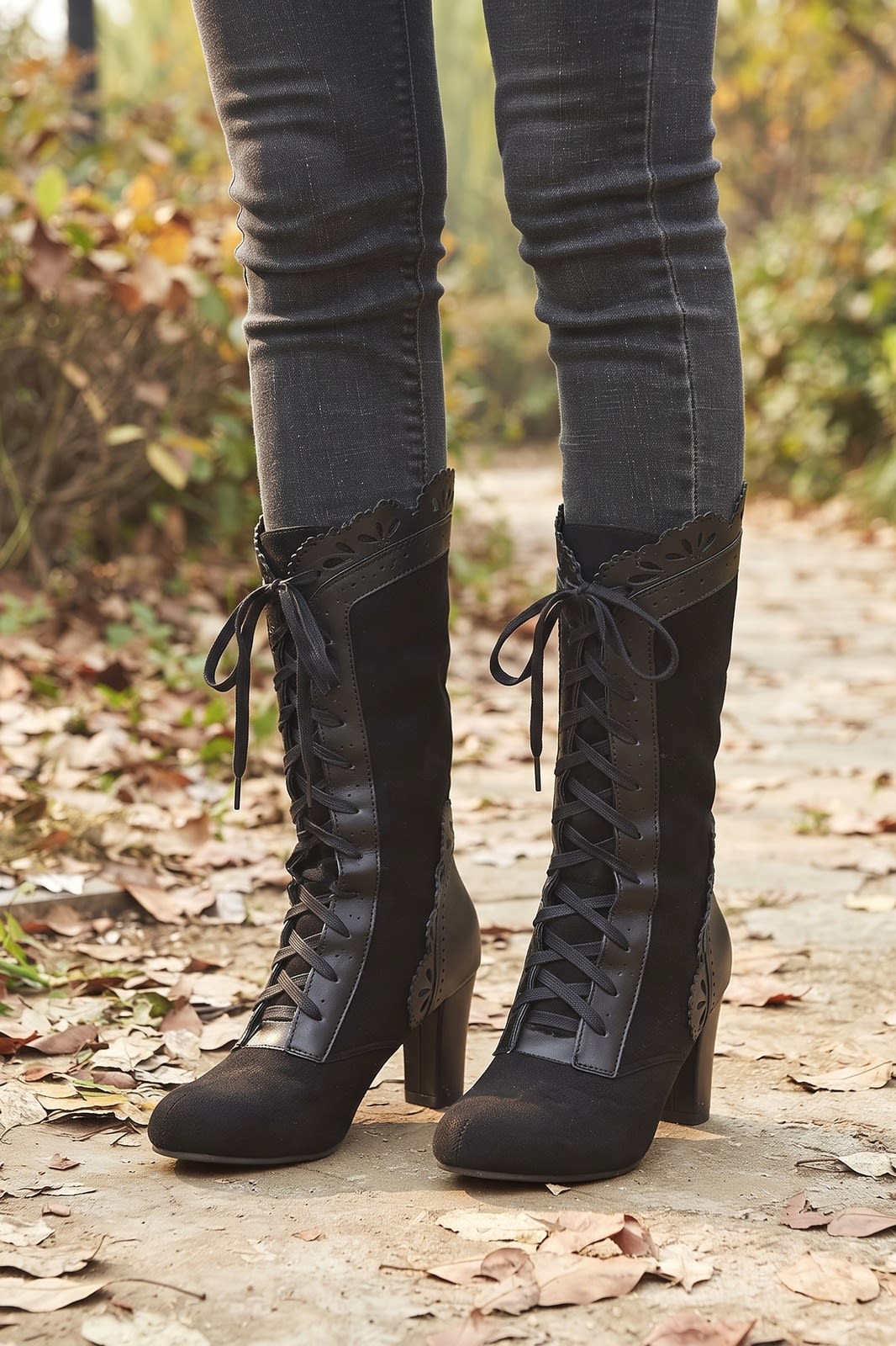 Damen Stiefeletten | Blockabsatz — Schwarz — shoe_worn — am Modell