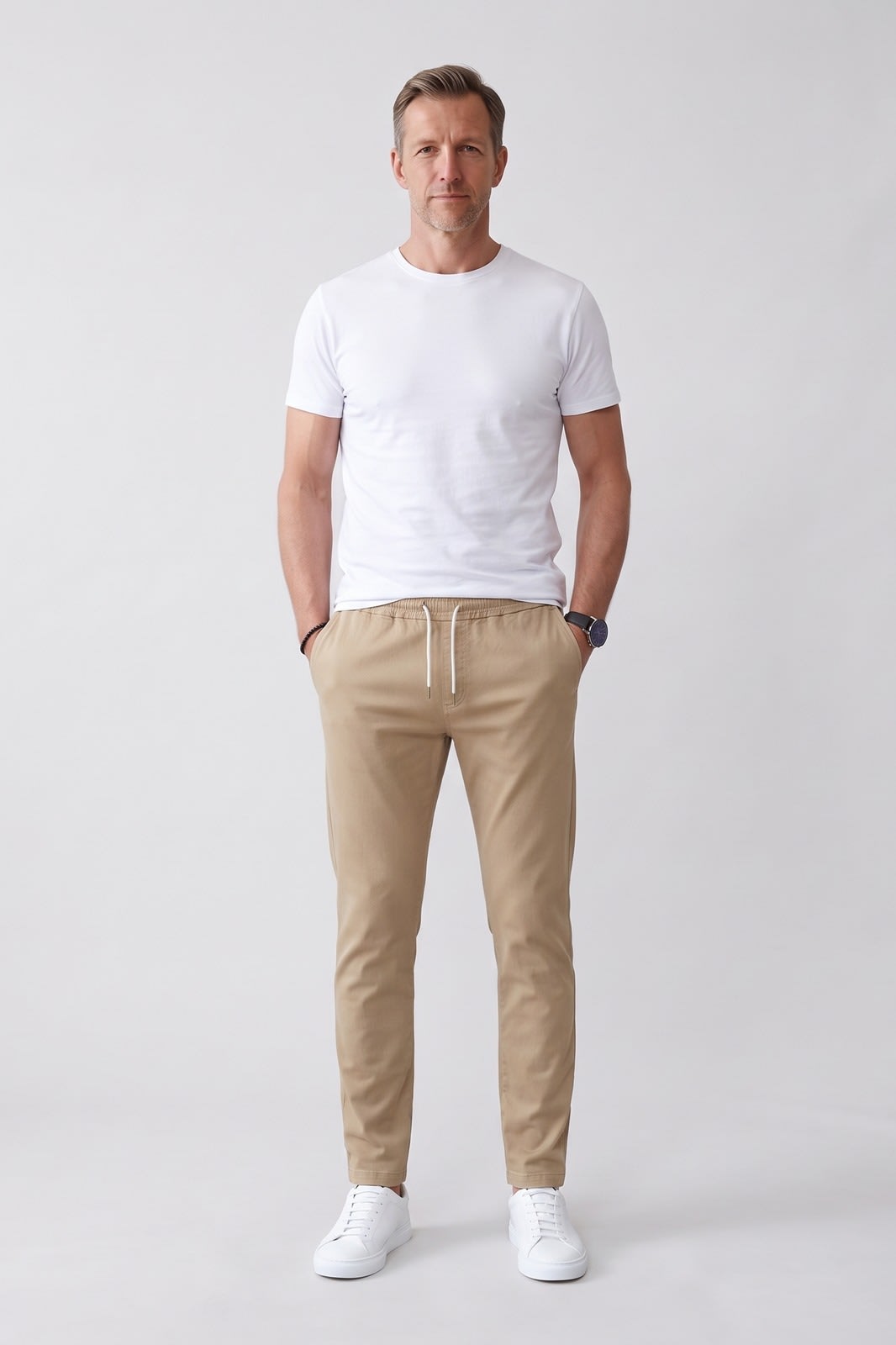 Herren Chinohose | Schmale Passform — Beige — Vorderansicht — am Modell