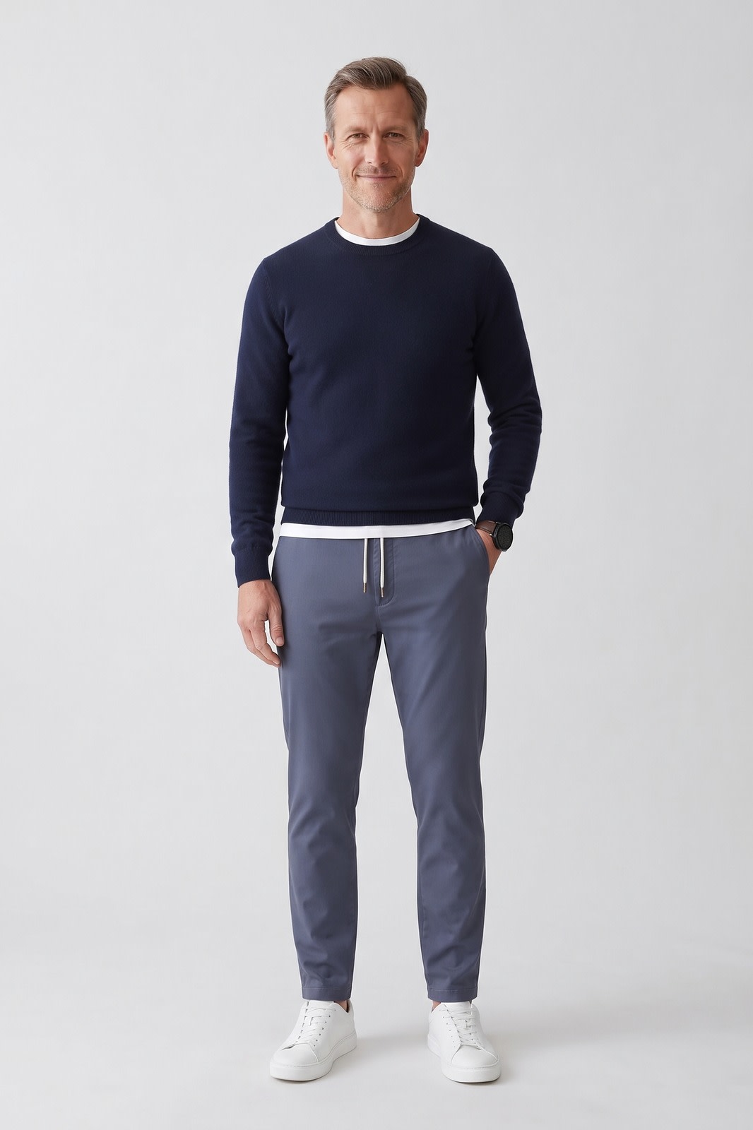 Herren Chinohose | Schmale Passform — Blau — Vorderansicht — am Modell
