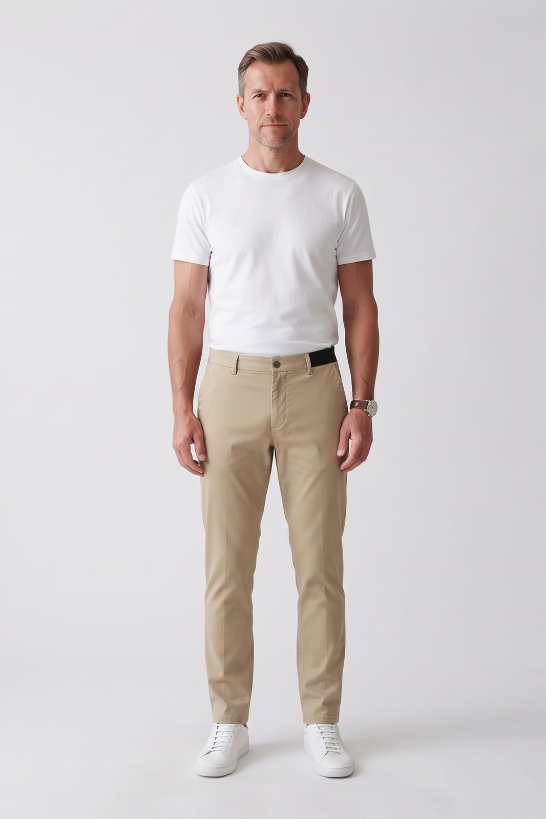 Herren Slim Chino-Hose | Knöchellang — Beige — Vorderansicht — am Modell