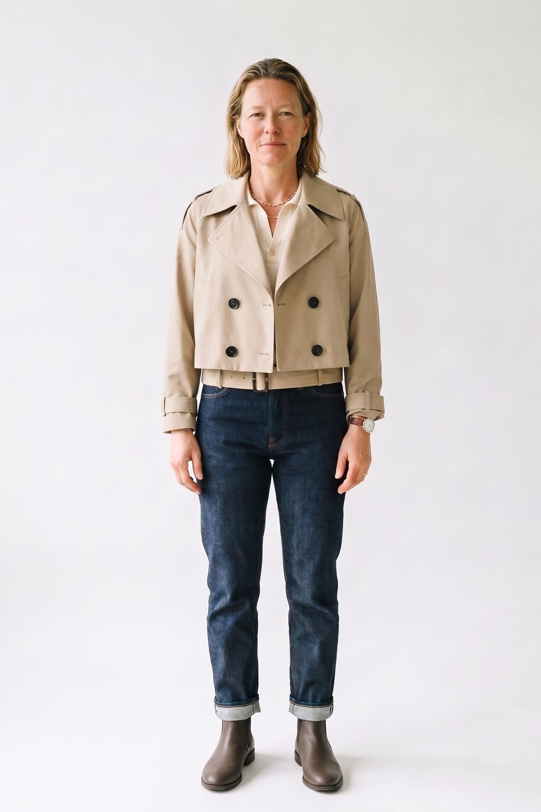 Damen Cropped Trenchcoat-Jacke | Casual-Elegant — Beige — Vorderansicht — am Modell