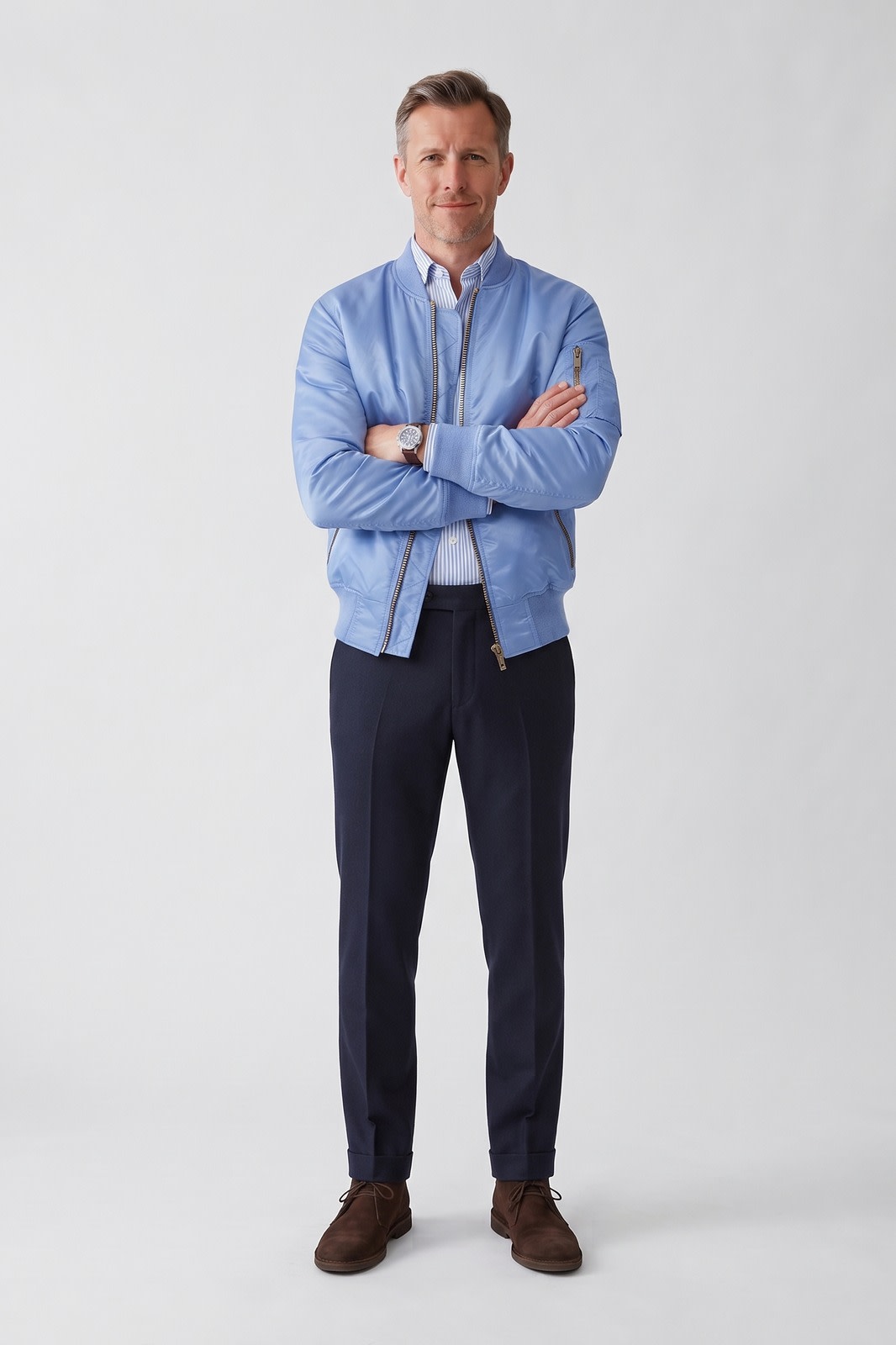 Herren Bomberjacke | Gesteppt — Hellblau — Vorderansicht — am Modell