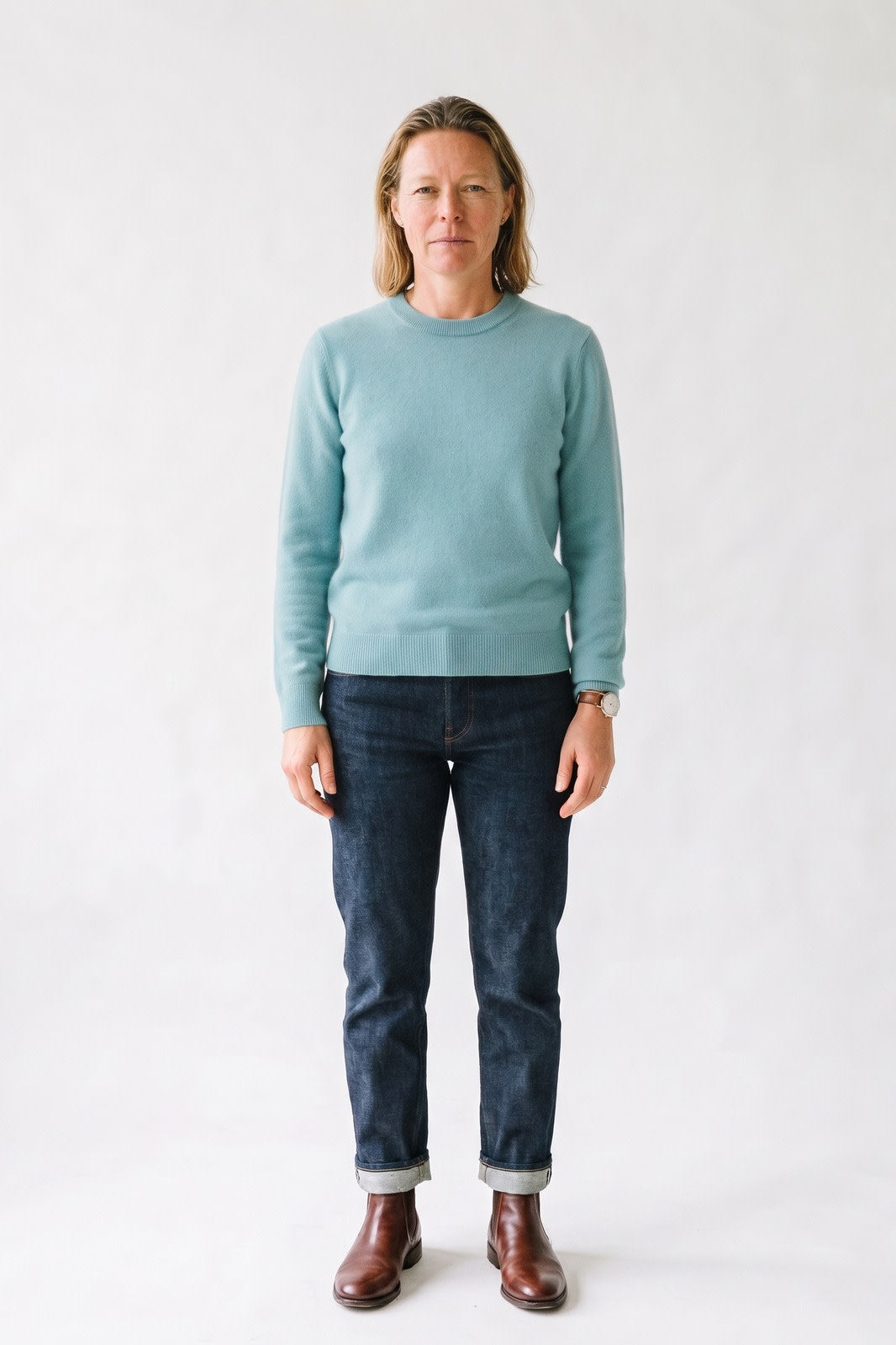 Damen Rundhalspullover | Runder Ausschnitt — Mint — Vorderansicht — am Modell