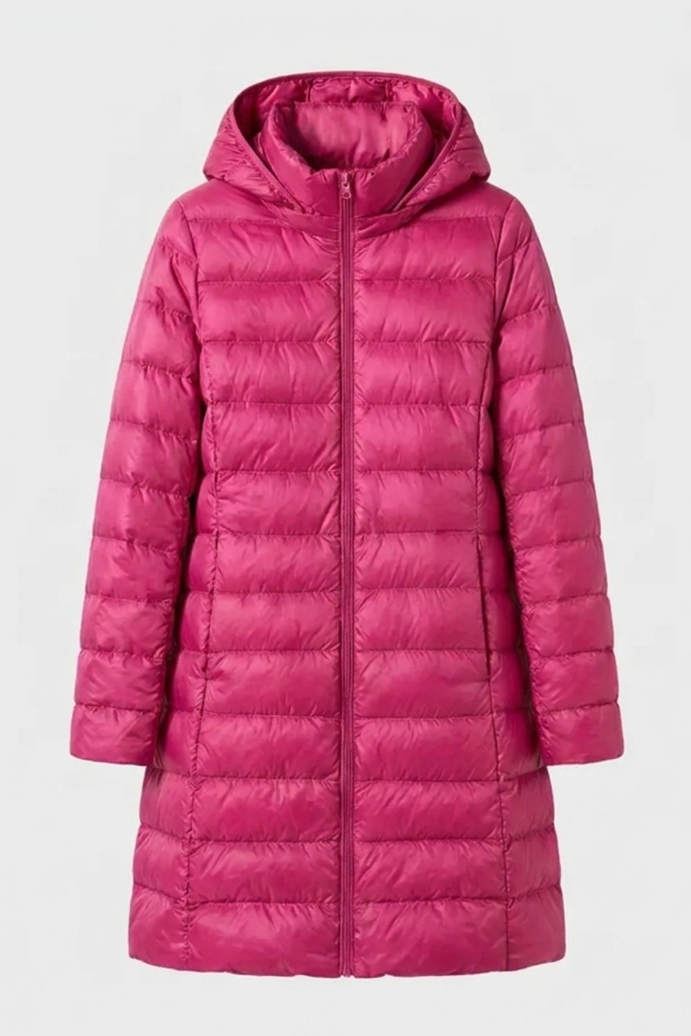 Damen Langer Steppmantel | Mit Kapuze — Dark Pink