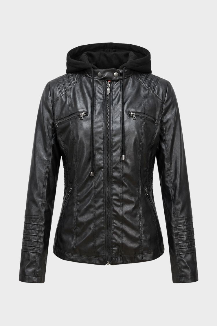 Damen Bikerjacke mit abnehmbarer Kapuze und Reißverschlusstaschen