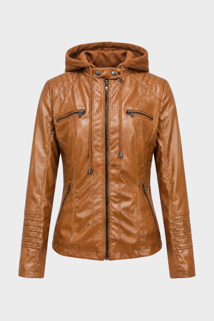 Damen Bikerjacke mit abnehmbarer Kapuze und Reißverschlusstaschen – 7