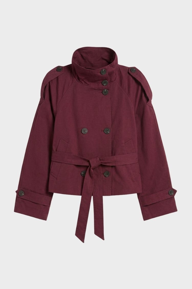 Damen Kurze Trenchjacke | Taillengürtel — Wine Red