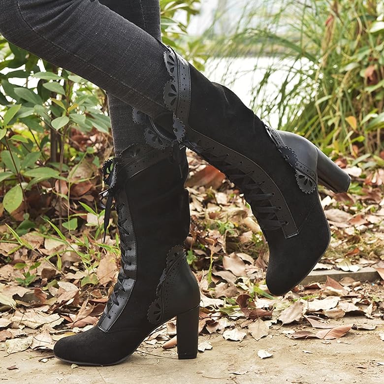 Damen Stiefeletten mit Blockabsatz, Spitzenbesatz und Schnürung mit Schleife – 6