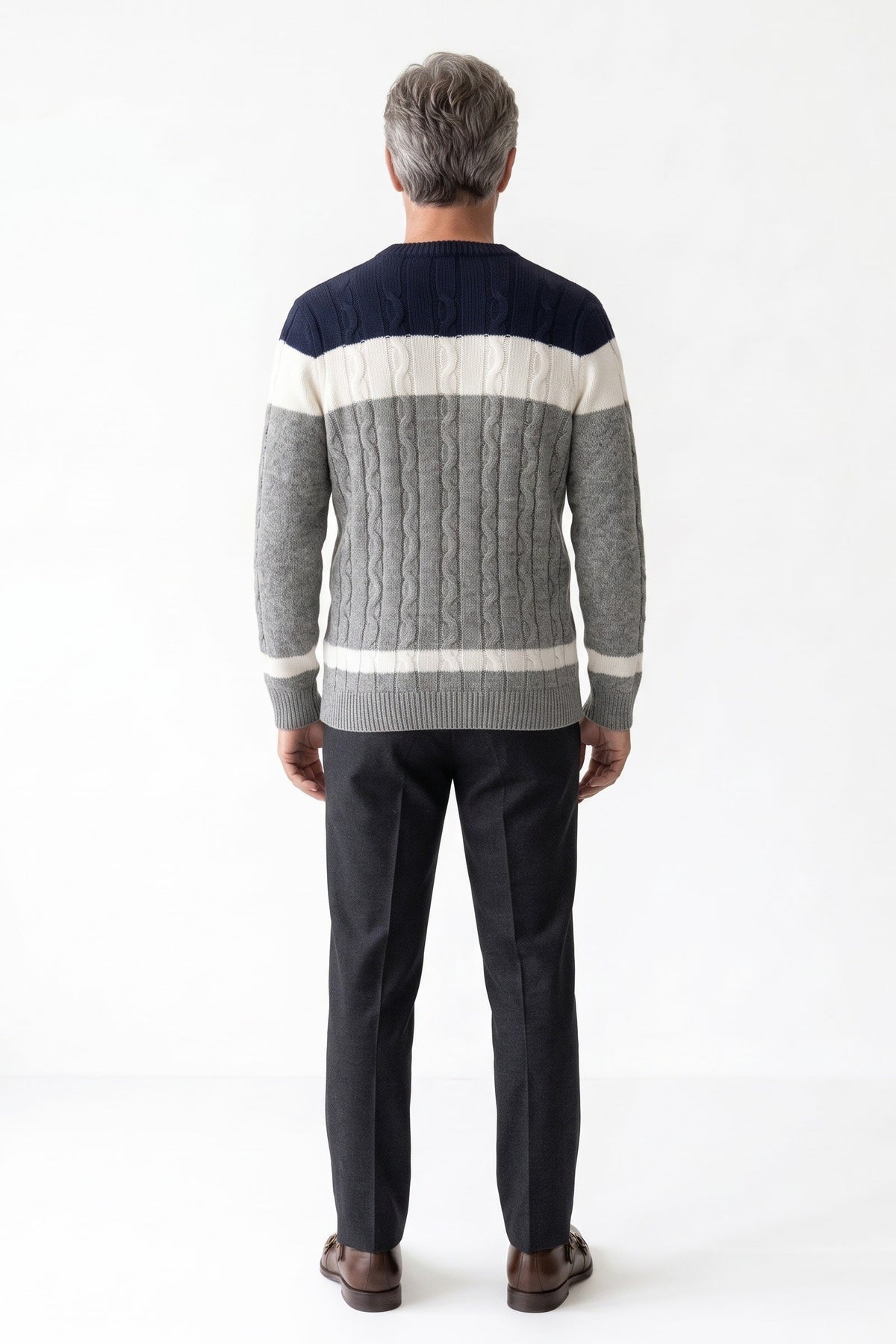 Herren Zopfmuster-Pullover mit Rundhalsausschnitt und Colorblock-Design – 4