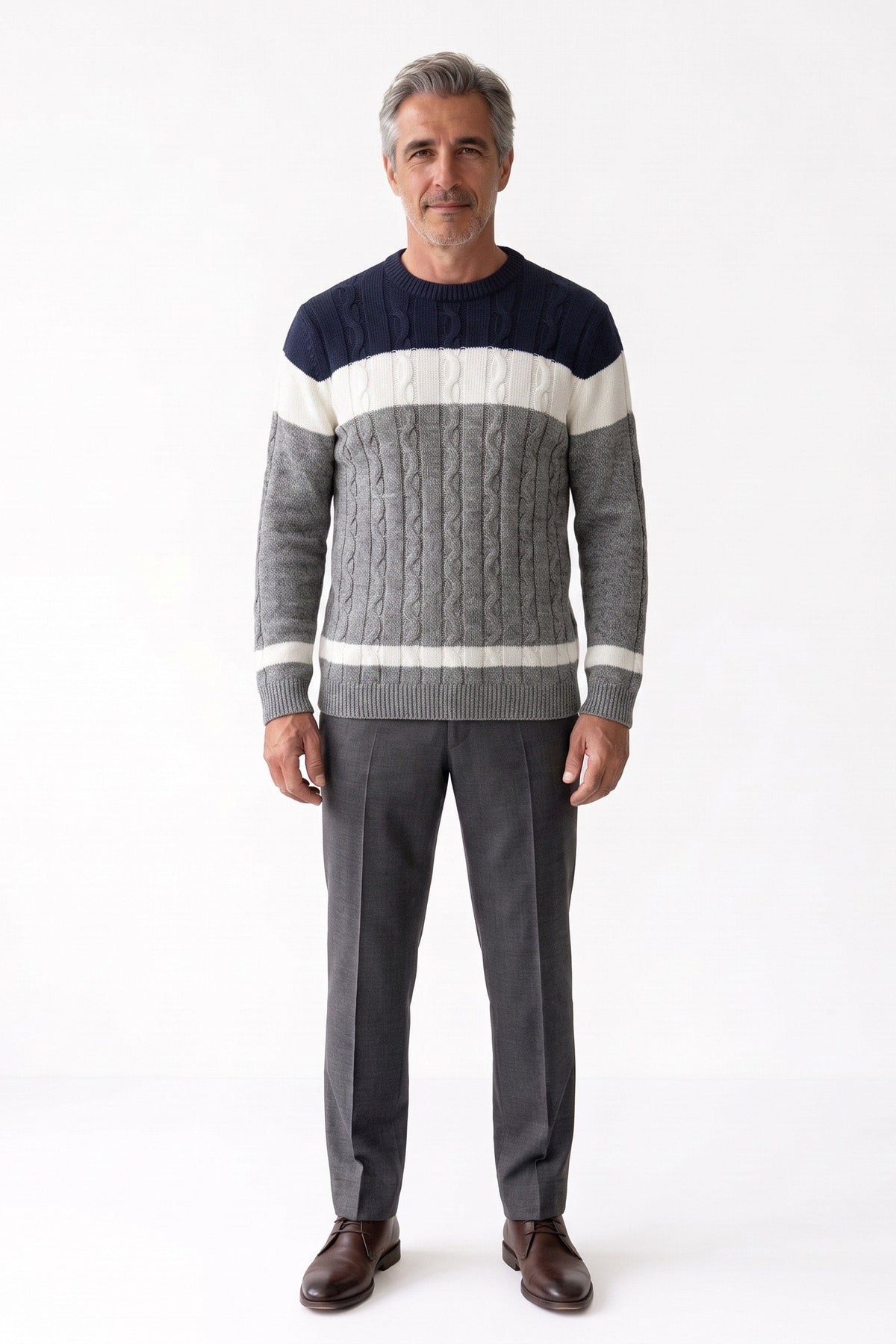 Herren Zopfmuster-Pullover mit Rundhalsausschnitt und Colorblock-Design – 3