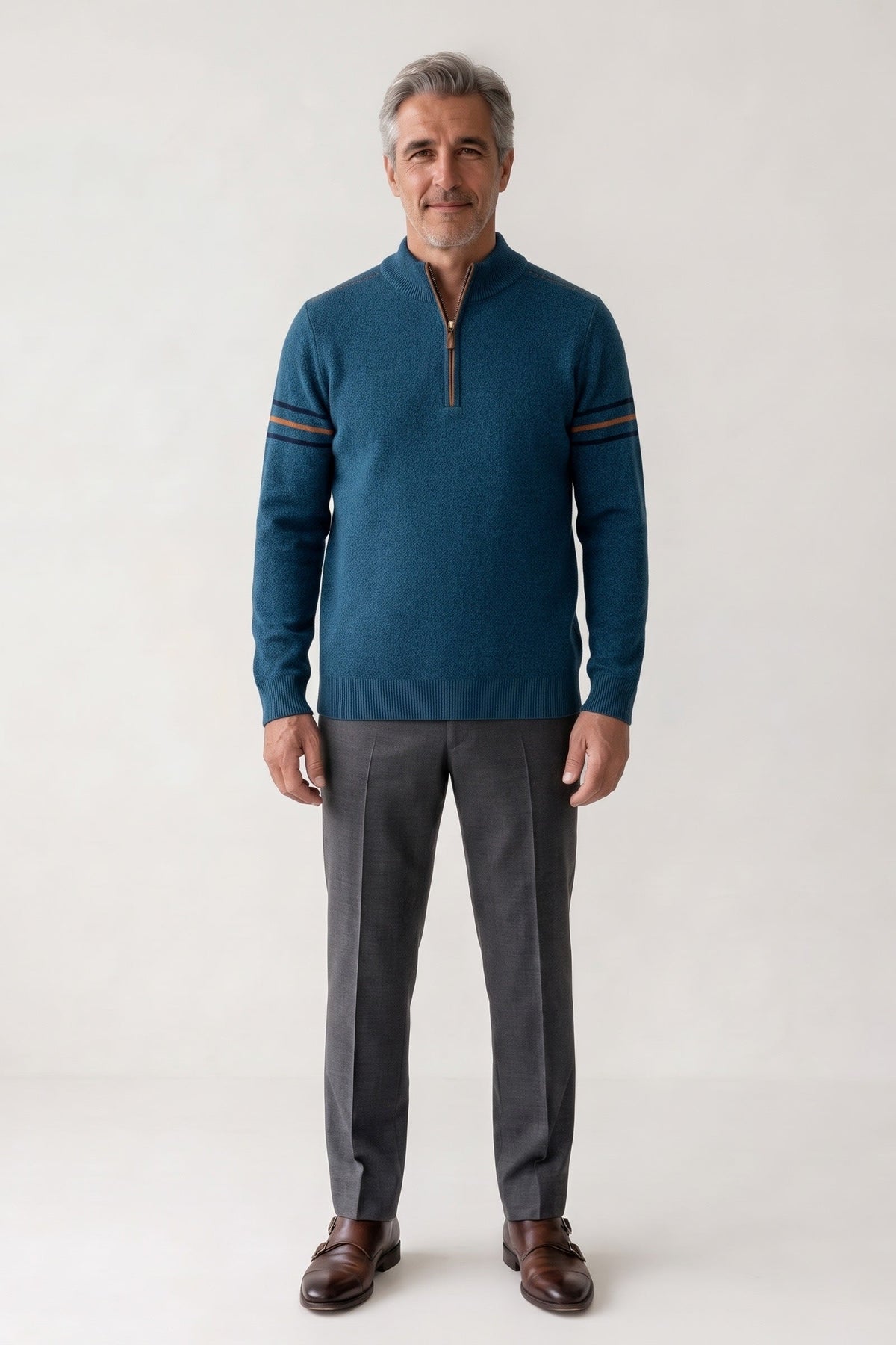 Herren Troyer-Pullover mit Stehkragen und gestreiften Ärmelakzenten – 3