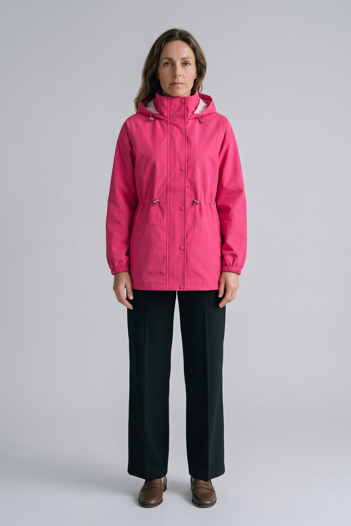 Damen Regenjacke mit Stehkragen, Kapuze und seitlichen Eingrifftaschen – 10