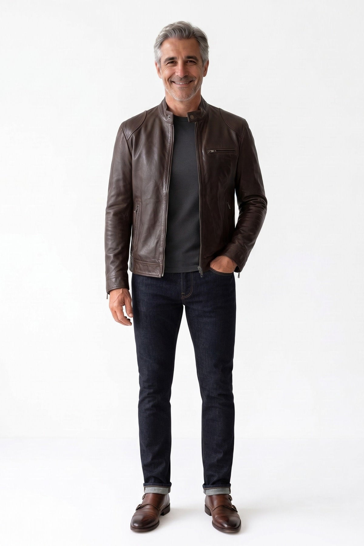 Herren Bikerjacke mit Stehkragen und Reissverschlusstaschen – 8