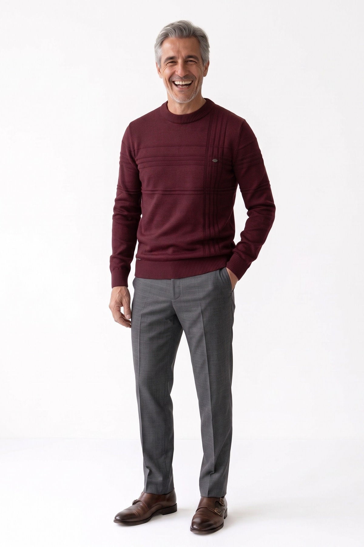 Herren Strickpullover mit gerippten Bündchen und Streifendetail an Schulter und Brust – 3