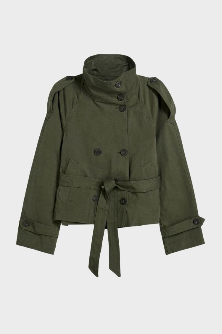 Damen Kurze Trenchjacke | Taillengürtel — Army Green