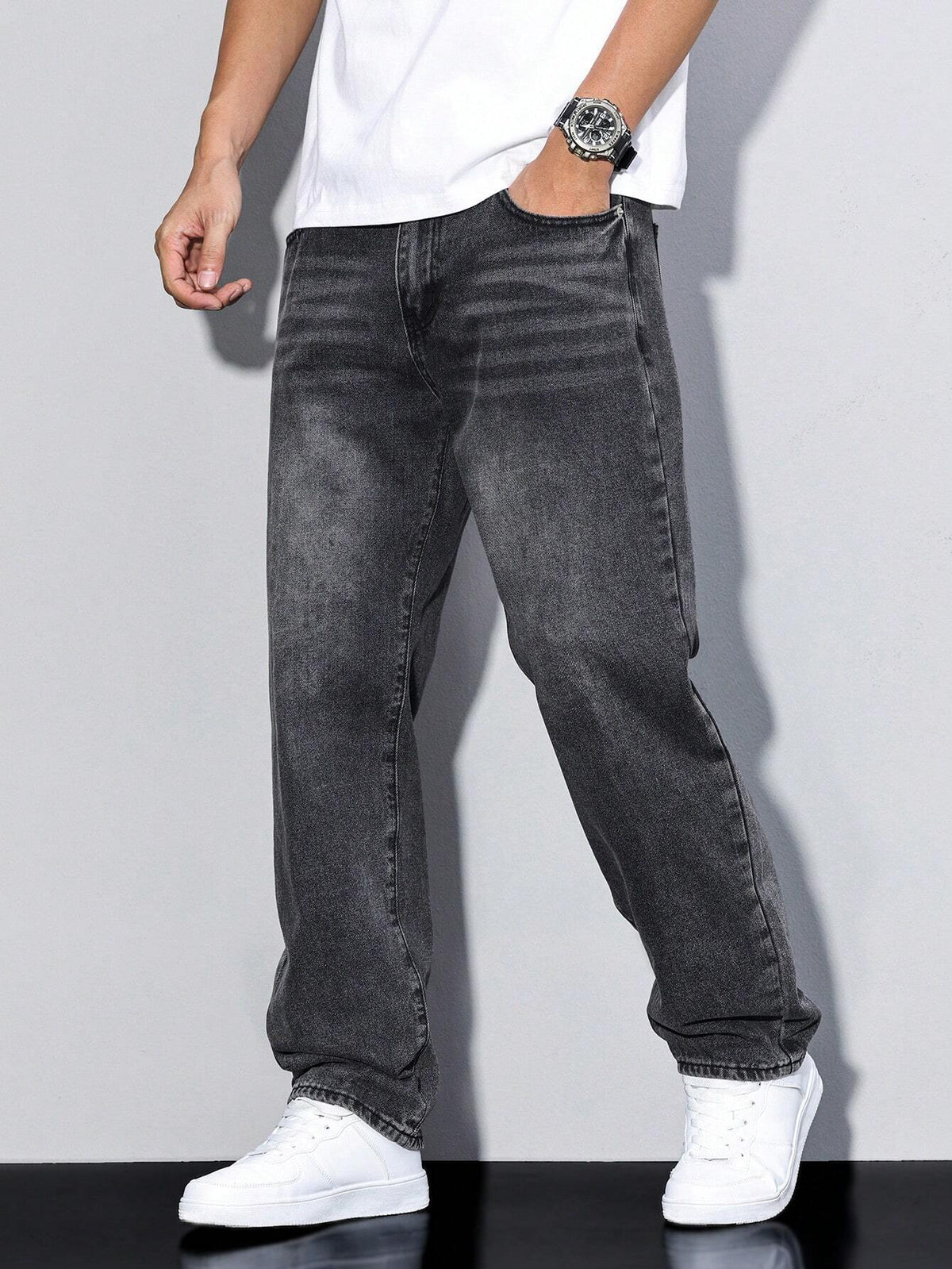 Herren Baggy Jeans mit geradem Bein und aufgesetzten Gesäßtaschen – 9