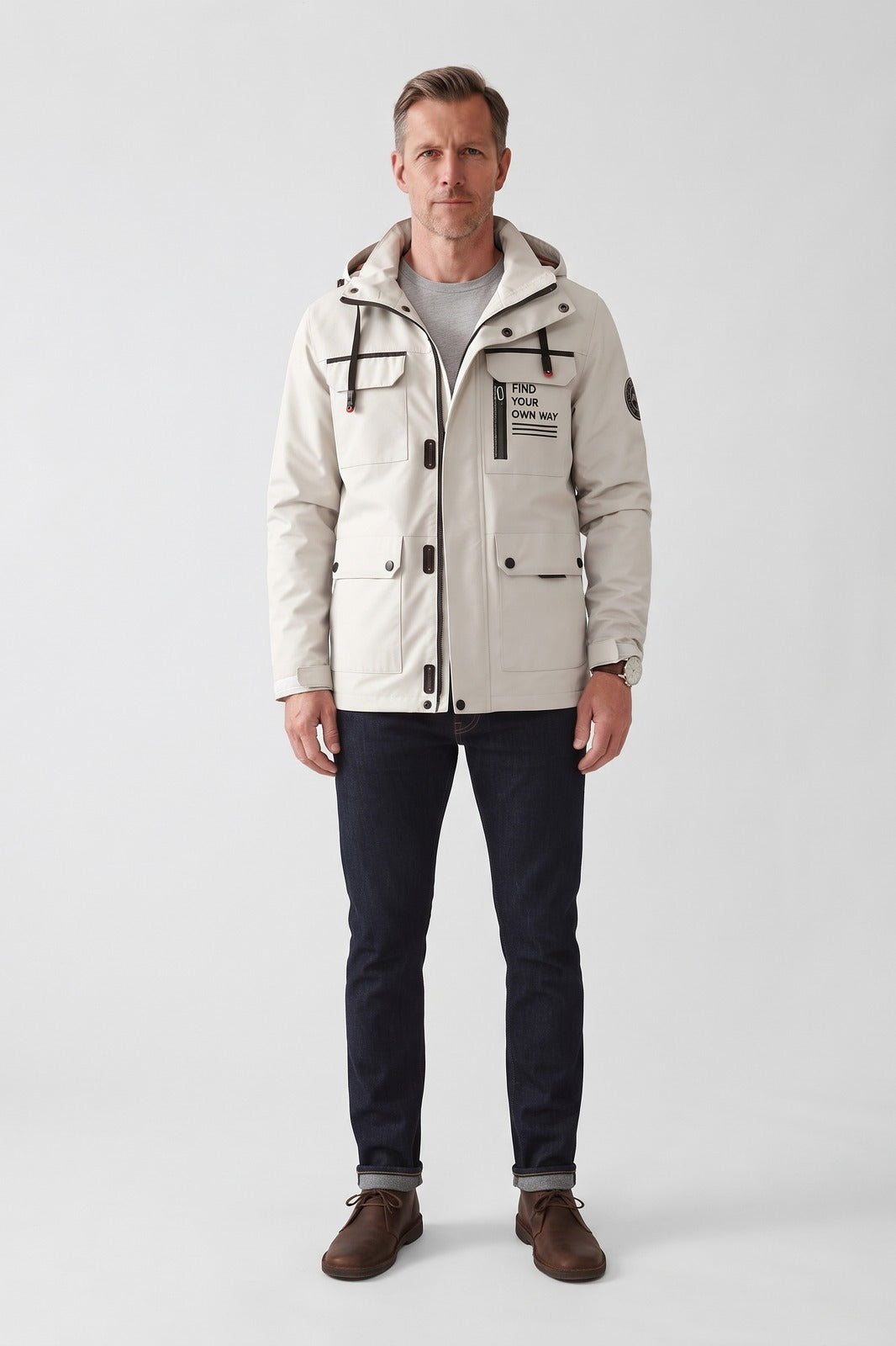 Herren Kapuzenjacke | Modern — Beige — Vorderansicht — am Modell