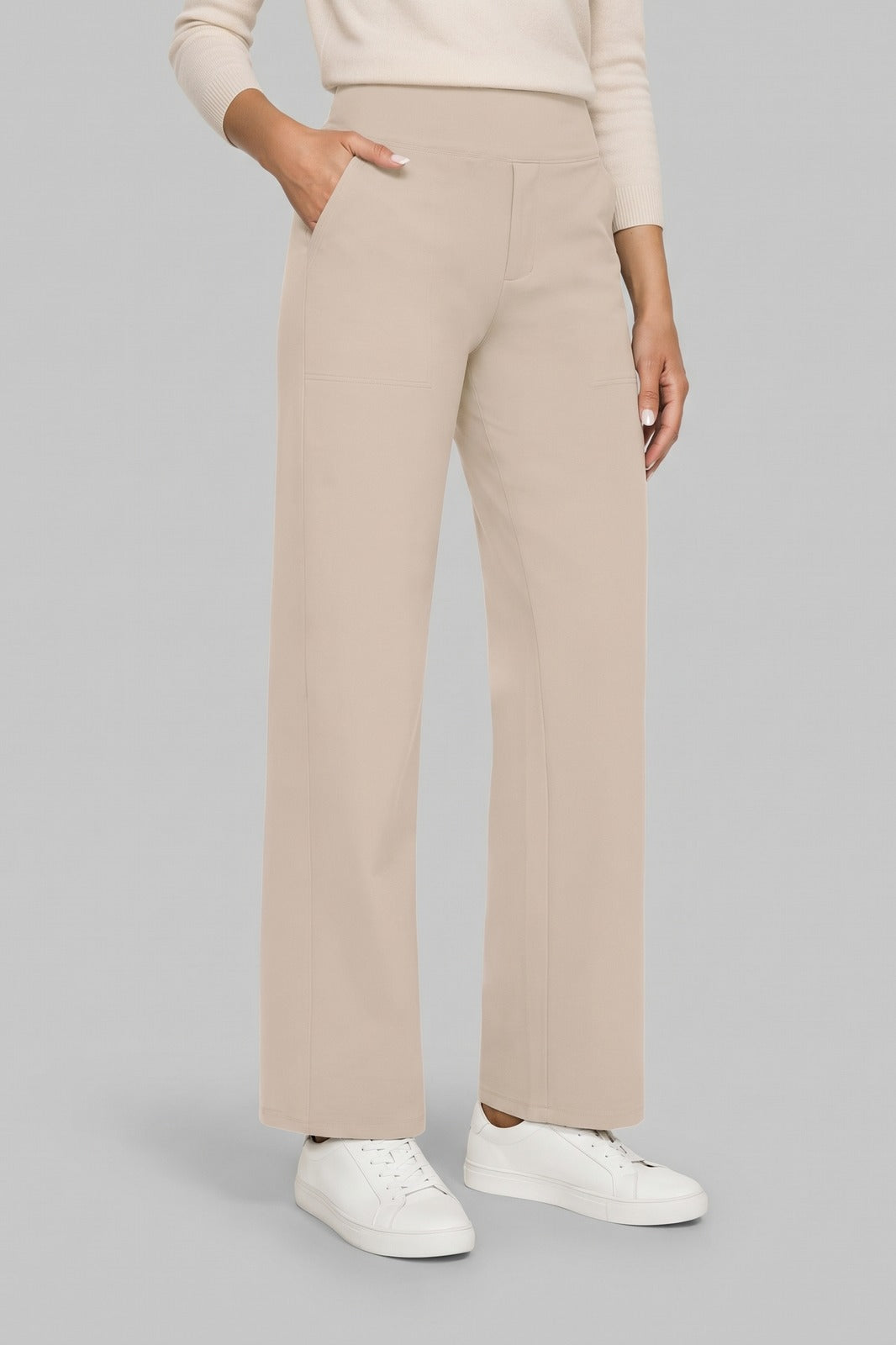 Damen Stretchhose | Hoher Bund — Beige — Vorderansicht — am Modell