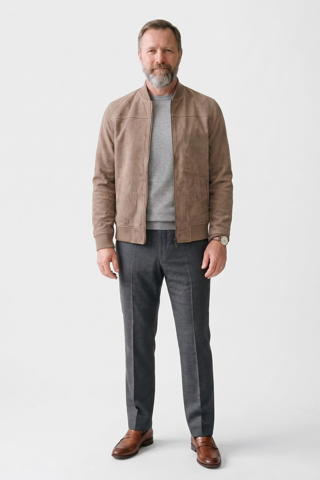 Herren Bomberjacke | Stehkragen — Beige — Vorderansicht — am Modell
