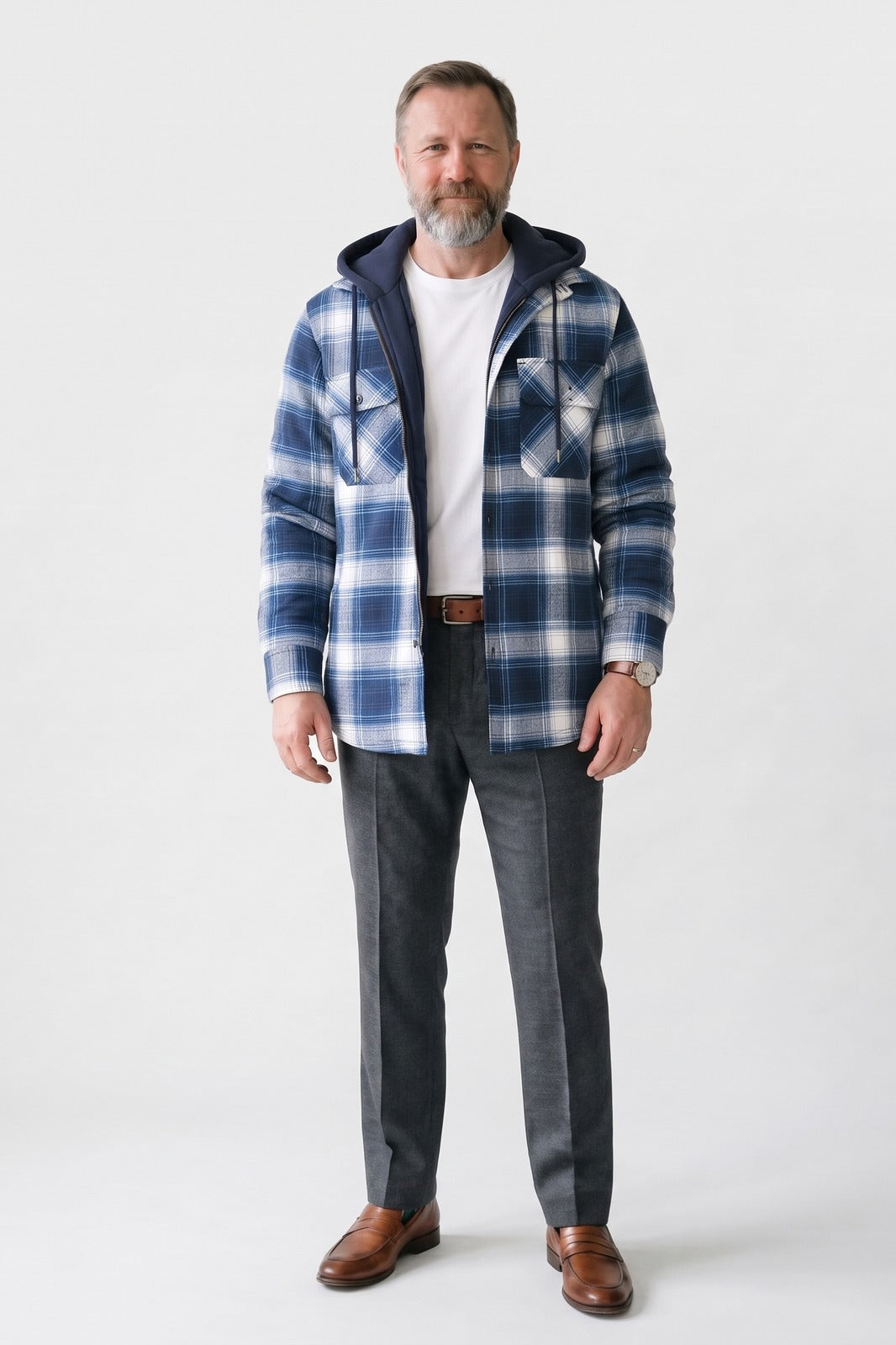 Herren Kariertes Hemdjacke | Mit Kapuze — Blau — Vorderansicht — am Modell