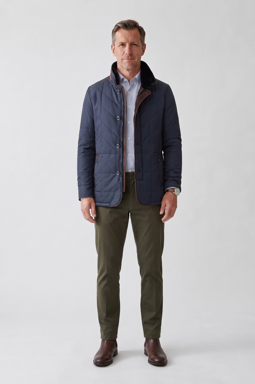Herren Gesteppte Winterjacke | Stehkragen — Blau — Vorderansicht — am Modell
