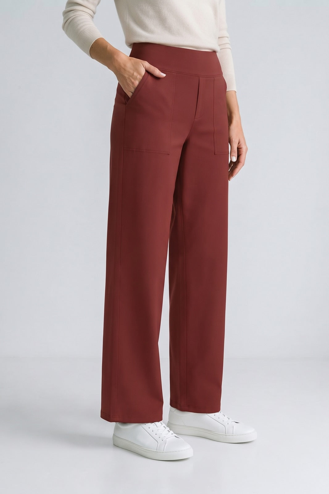 Damen Stretchhose | Hoher Bund — Bordeaux — Vorderansicht — am Modell