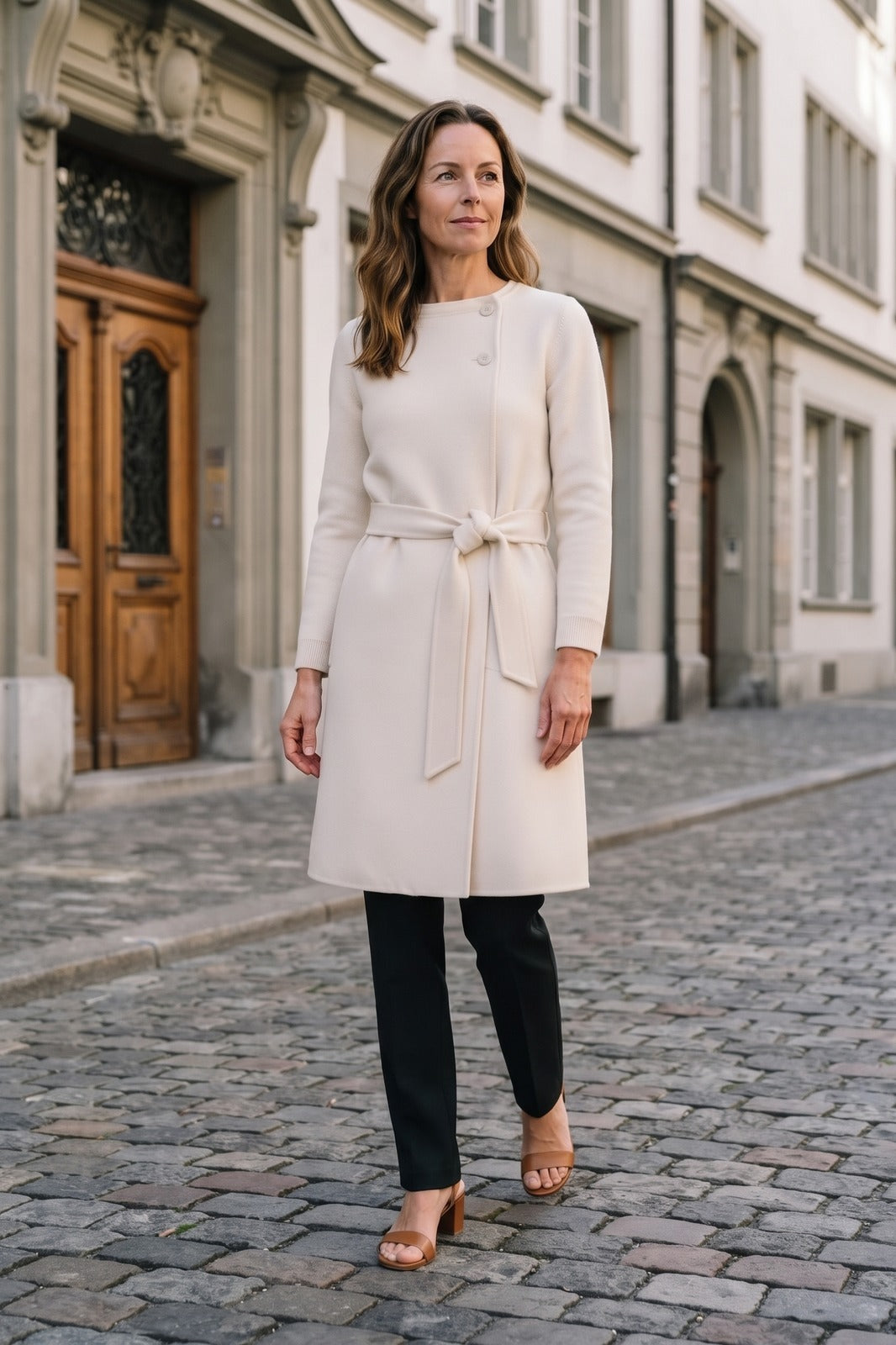 Damen Cape-Mantel | Hoher Kragen — Ecru — lifestyle — am Modell
