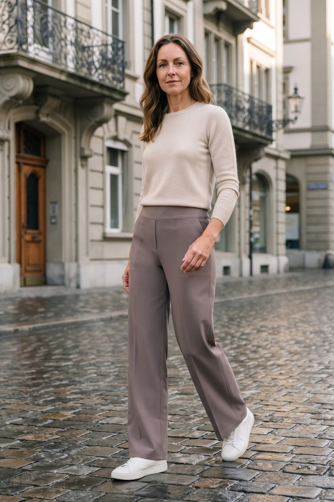 Damen Stretchhose | Hoher Bund — Braun — lifestyle — am Modell