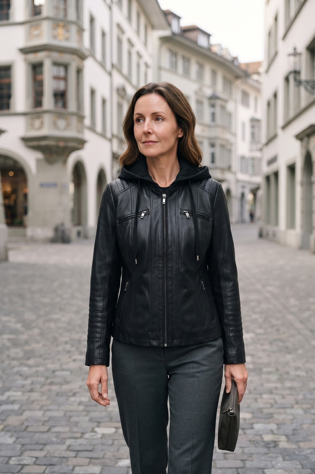 Damen Taillierte Bikerjacke | mit Kapuze — Black — lifestyle — am Modell