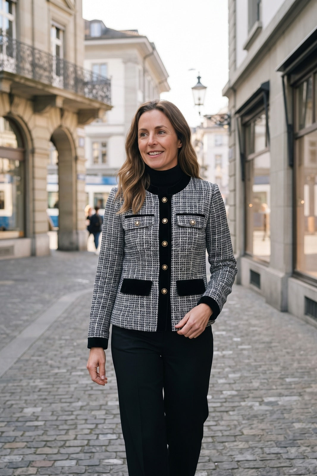 Damen Tweedjacke | Kontrastpaspel — White — lifestyle — am Modell