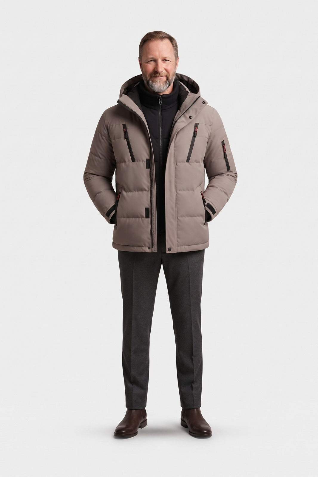 Herren Steppjacke mit Kapuze | Stehkragen — Grau — Vorderansicht — am Modell