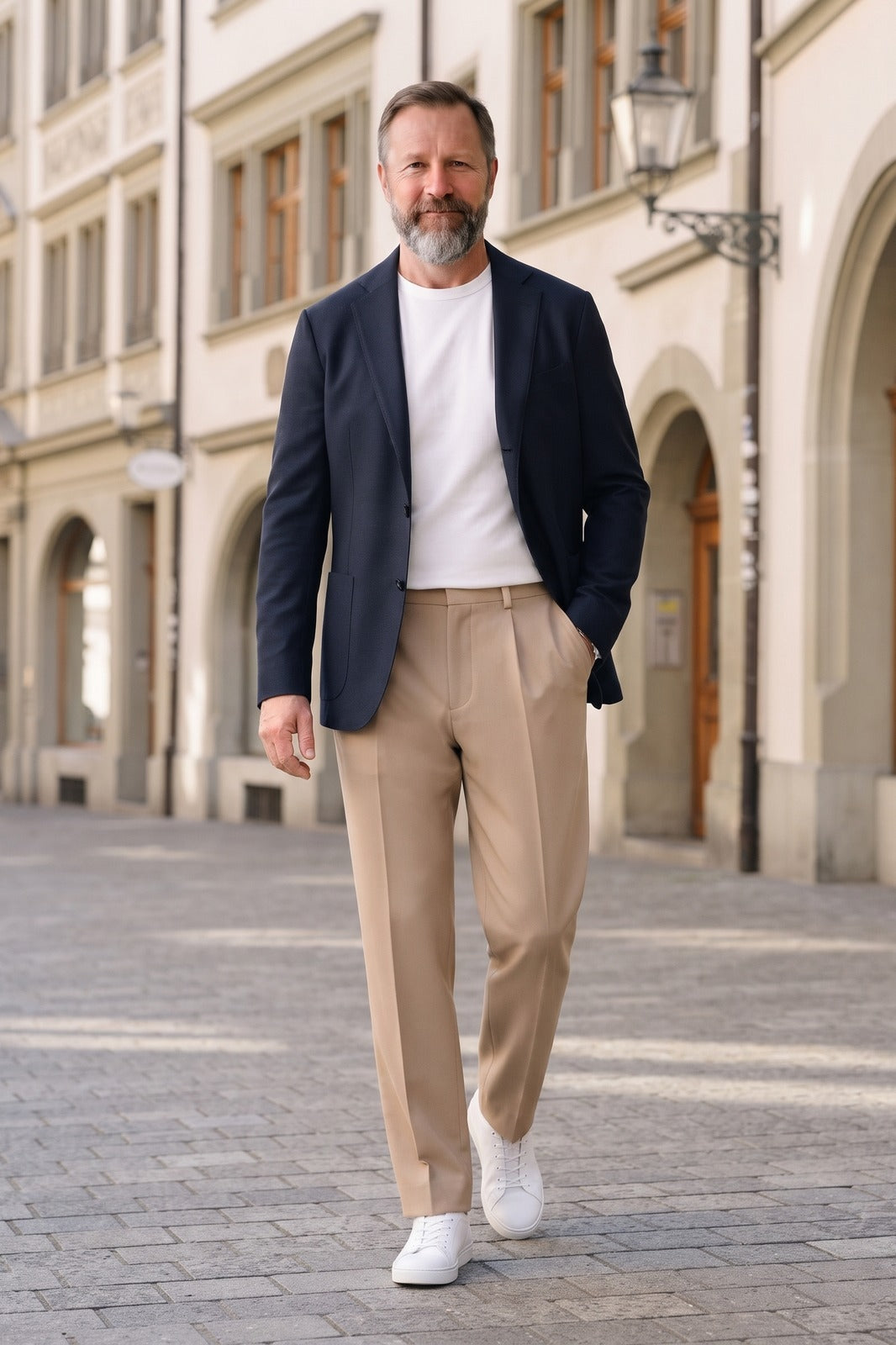 Herren Anzughose mit Bundfalte | Elegant — Beige — lifestyle — am Modell