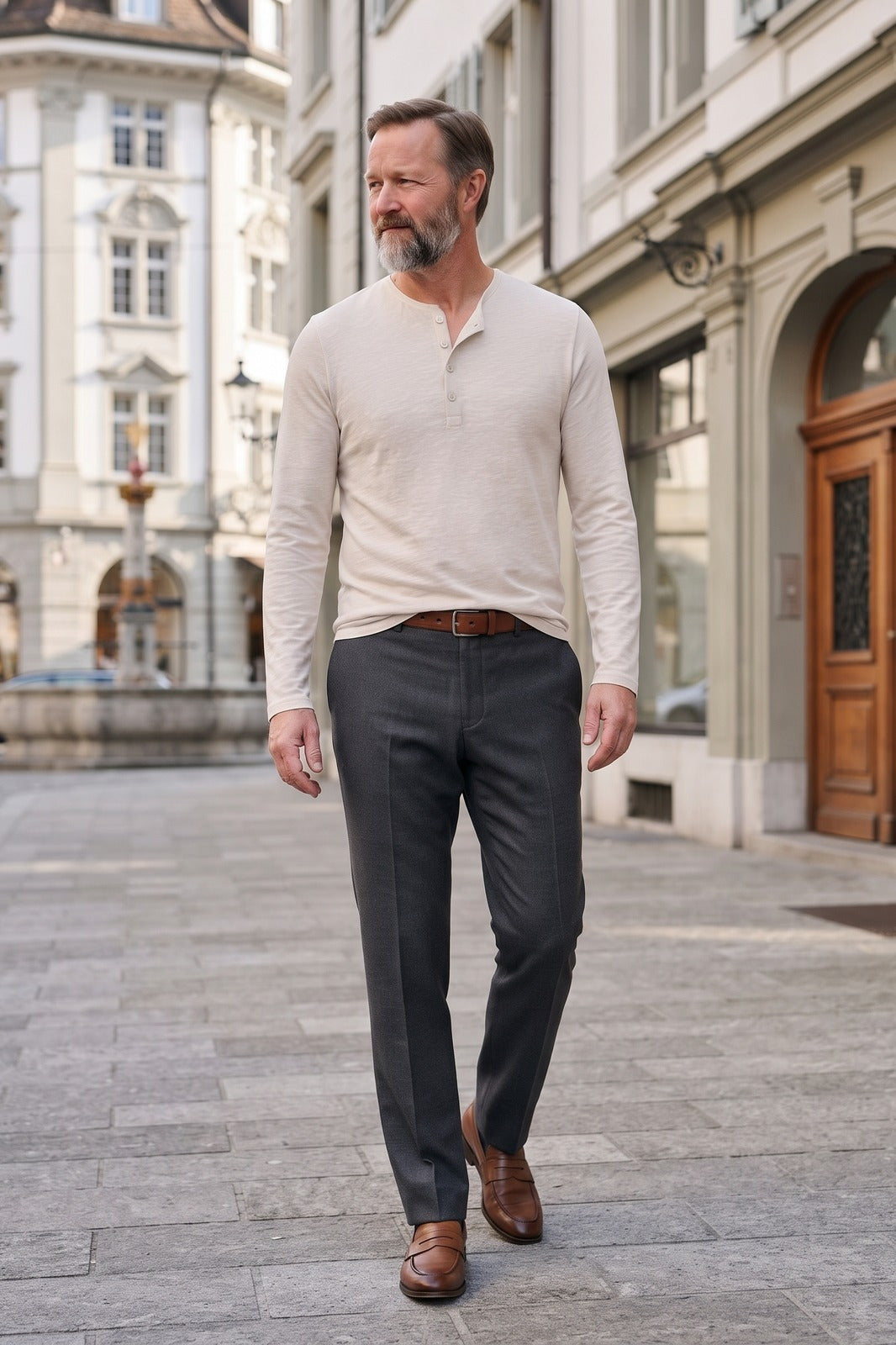 Herren Henley-Shirt | Ohne Kragen — Weiß — lifestyle — am Modell