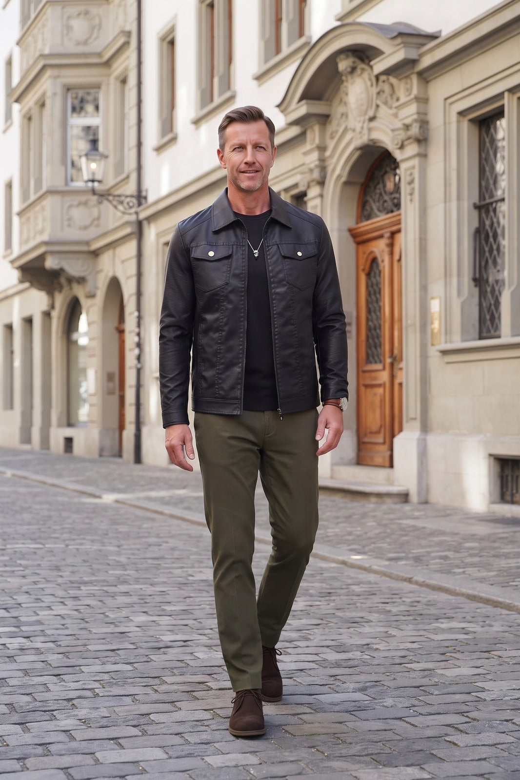 Herren Vintage Bikerjacke | Reverskragen — Schwarz — lifestyle — am Modell