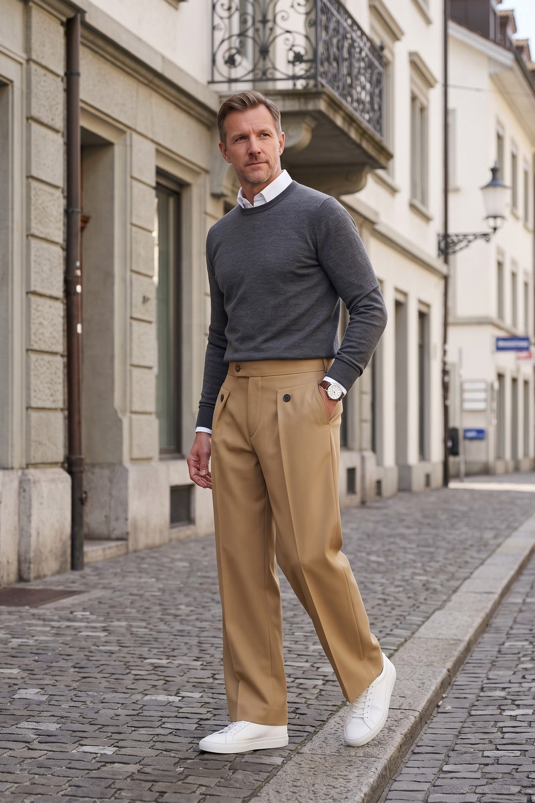 Herren Weite Anzughose | Bügelfalten — Khaki — lifestyle — am Modell