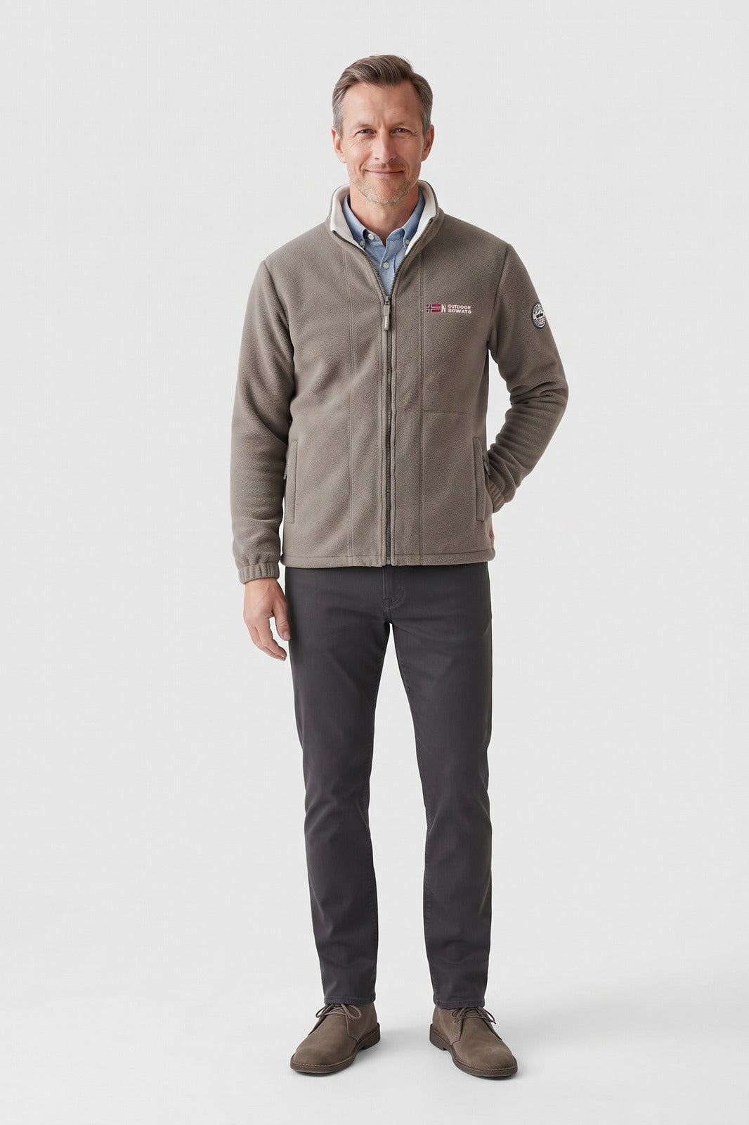 Herren Fleecejacke | Sportlicher Look — Khaki — Vorderansicht — am Modell
