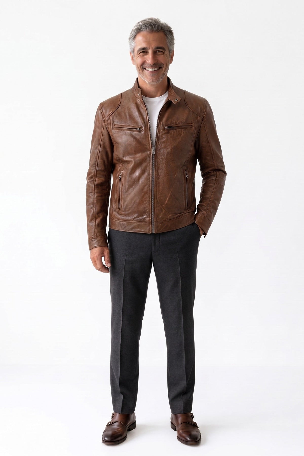 Herren Bikerjacke mit Stehkragen und Reissverschlusstaschen – 6