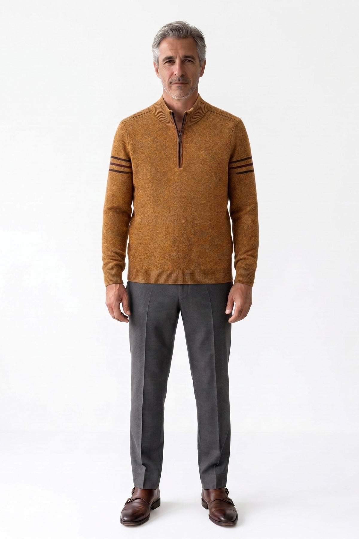 Herren Troyer-Pullover mit Stehkragen und gestreiften Ärmelakzenten – 8