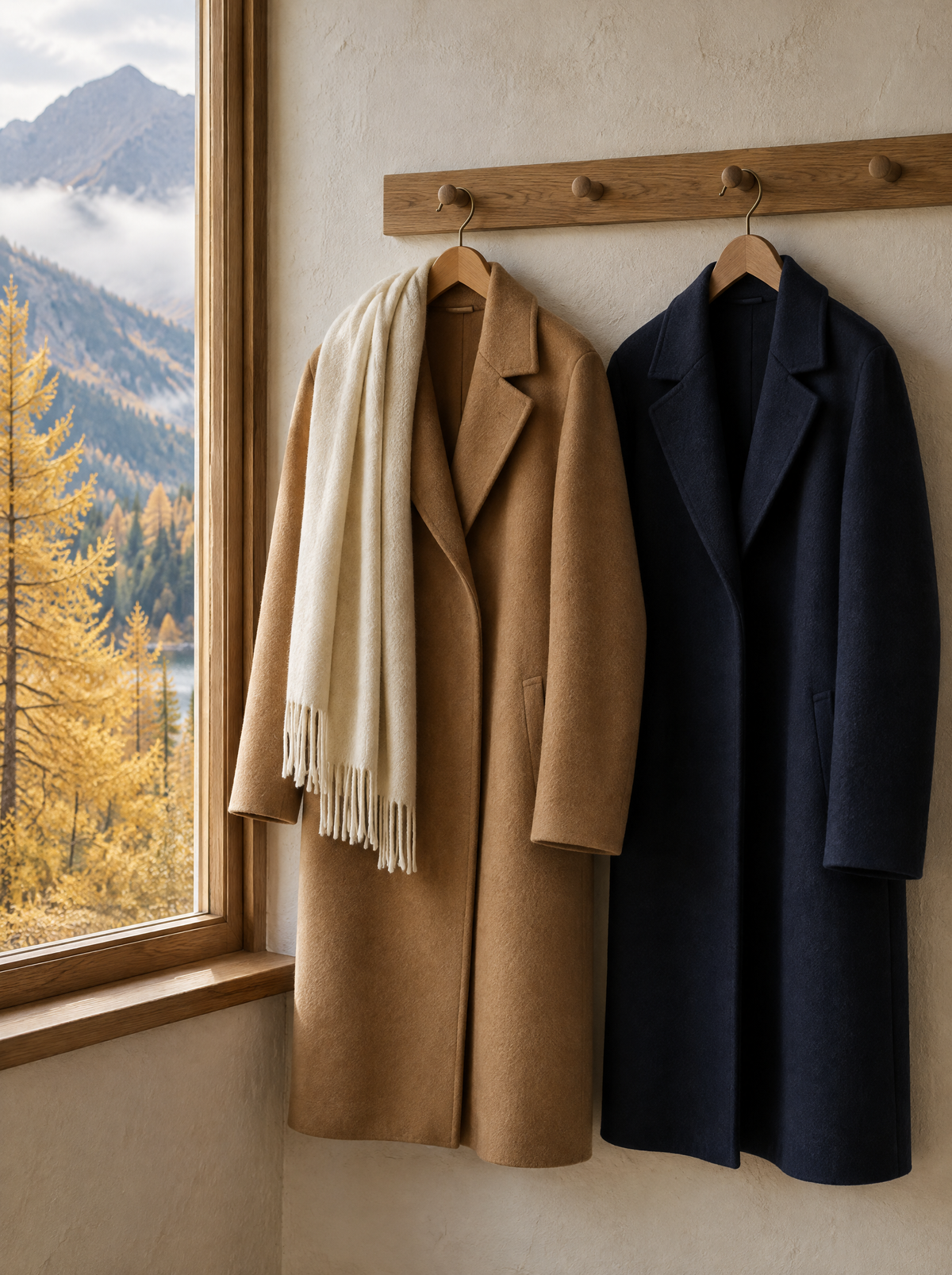 Mäntel & Jacken – Wollmäntel in Camel und Navy, Herbstfenster