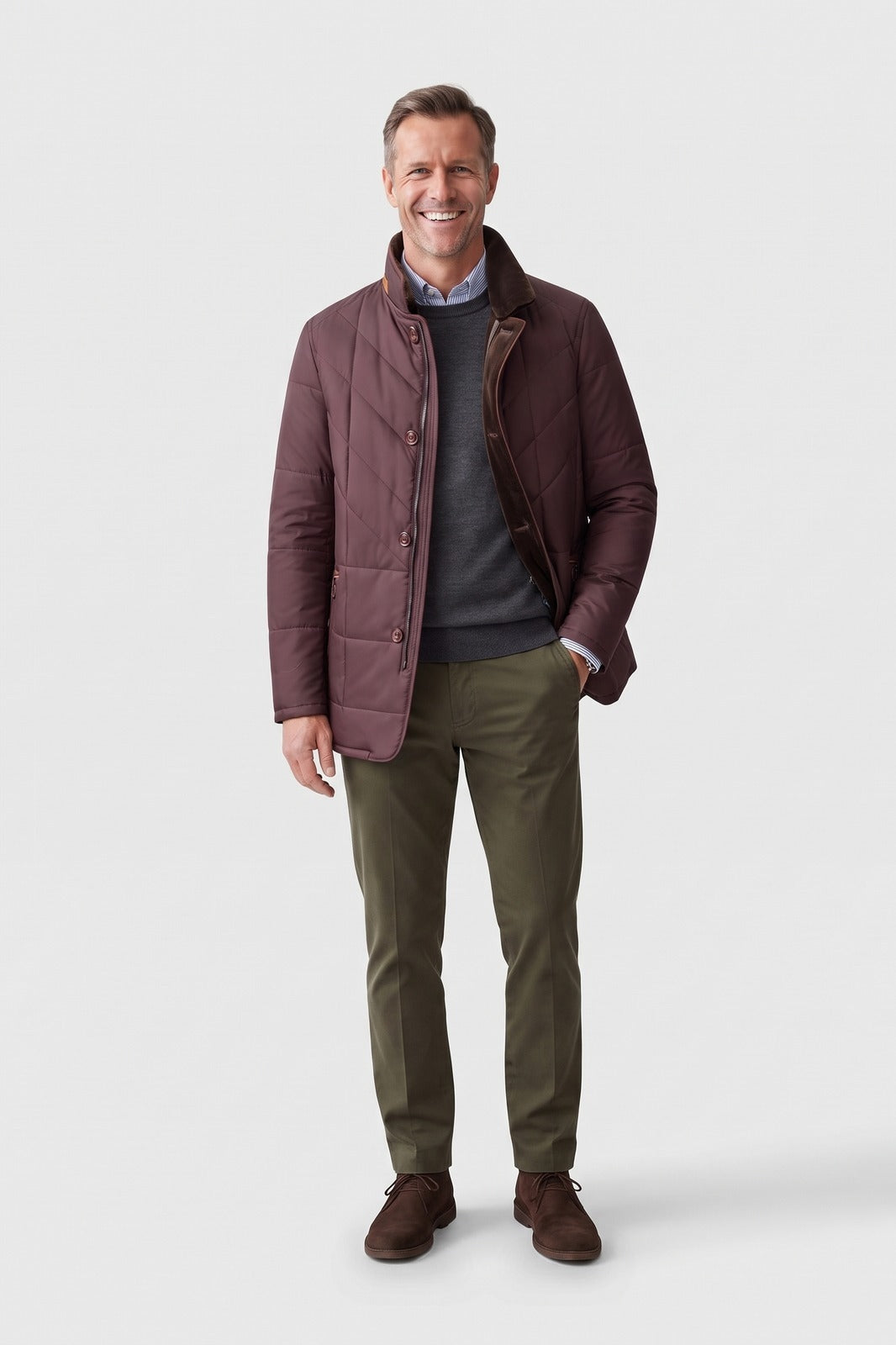 Herren Gesteppte Winterjacke | Stehkragen — Rot — Vorderansicht — am Modell