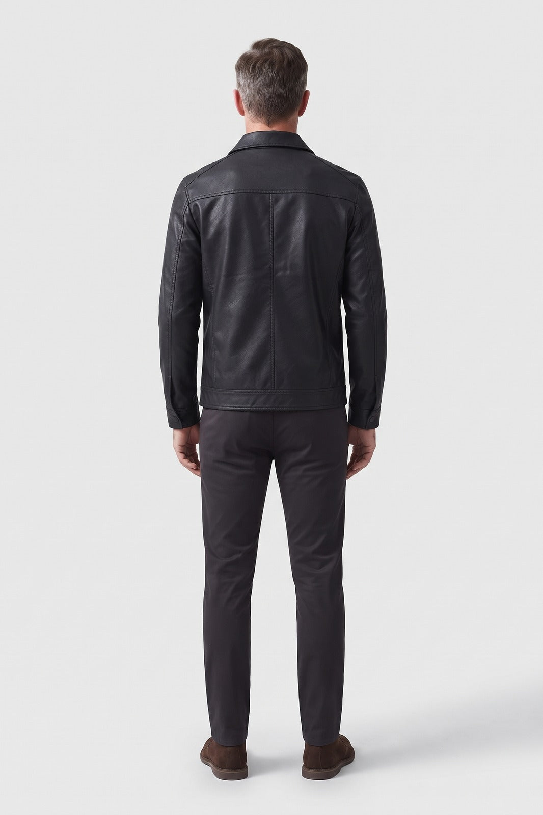Herren Vintage Bikerjacke | Reverskragen — Schwarz — Rückansicht — am Modell