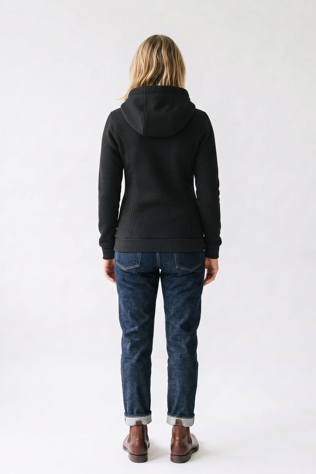 Damen Kapuzenjacke | Asymmetrischer Zip — Schwarz — Rückansicht — am Modell